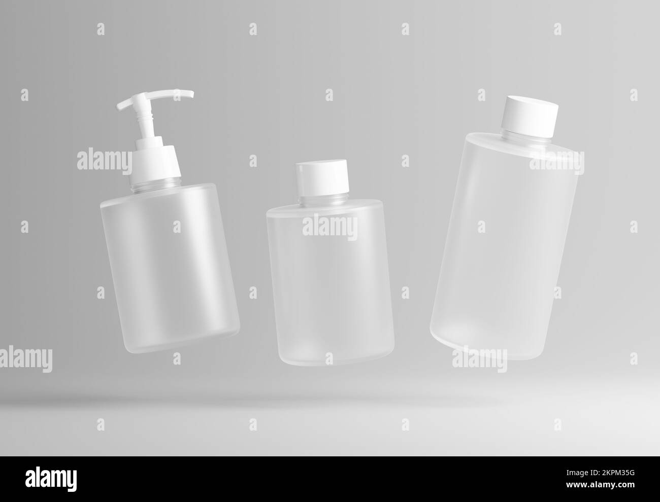 Drei verschiedene Schaumglasflaschen für Kosmetikprodukte auf grauem Hintergrund 3D-Rendern Stockfoto