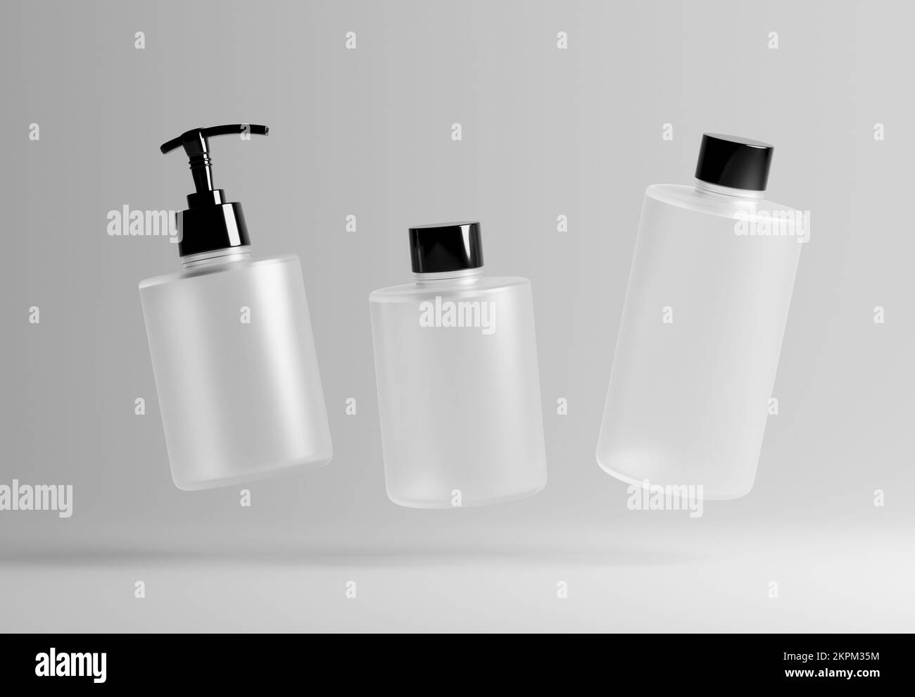 Drei verschiedene schwimmende Flaschen aus Kunststoff für kosmetische Mittel auf grauem Hintergrund 3D-Rendern Stockfoto