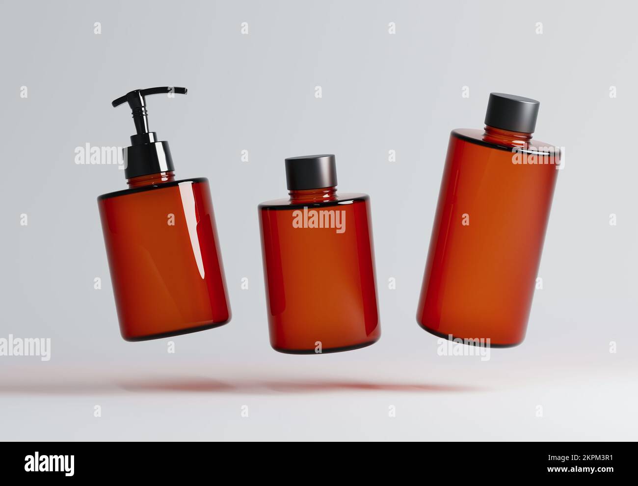 Drei verschiedene schwimmende Flaschen aus braunem Kunststoff für kosmetische Mittel auf grauem Hintergrund 3D-Rendern Stockfoto