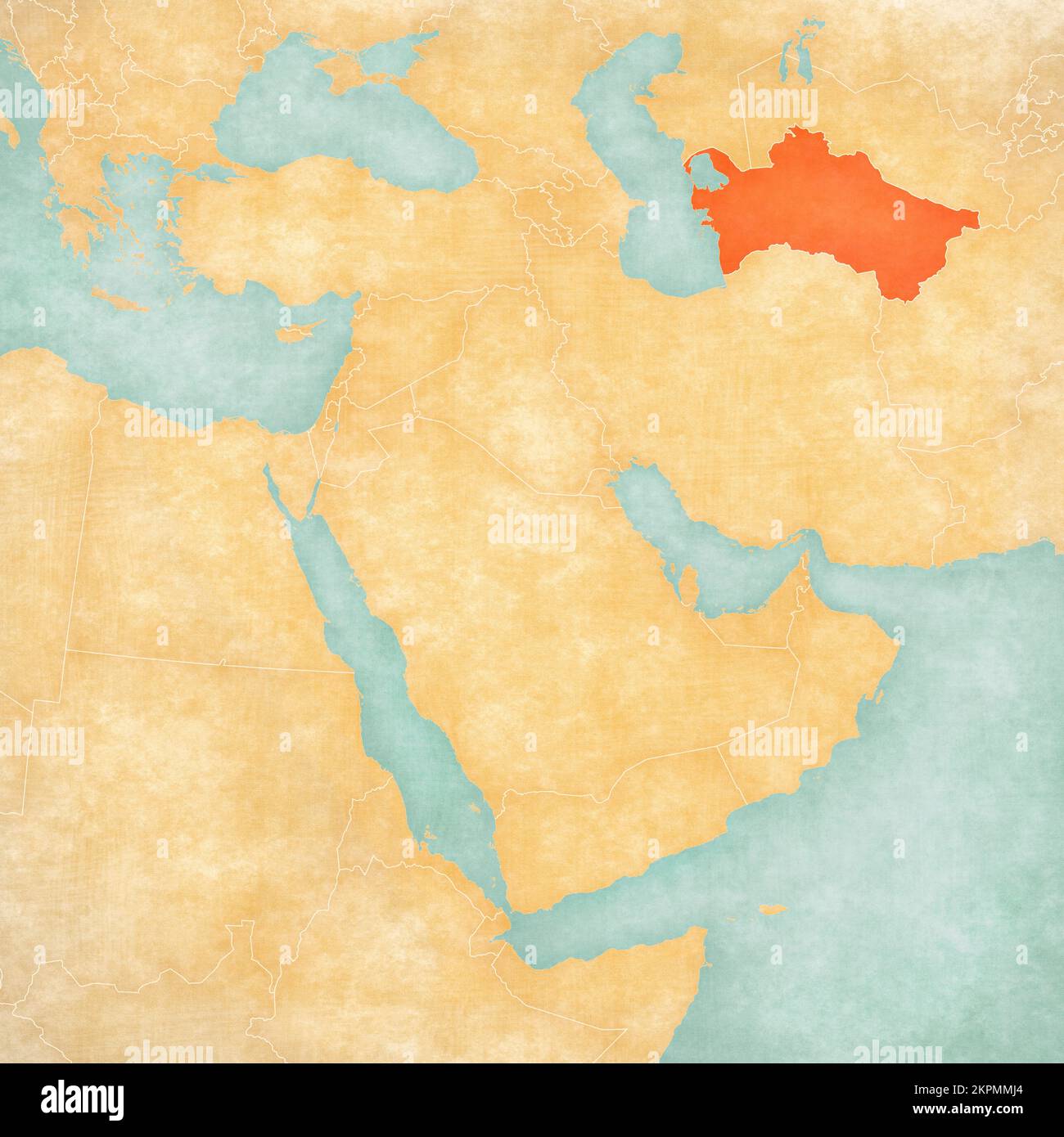 Turkmenistan auf der Karte des Nahen Ostens (Westasien) in sanftem Grunge- und Vintage-Stil, wie altes Papier mit Aquarellmalerei. Stockfoto
