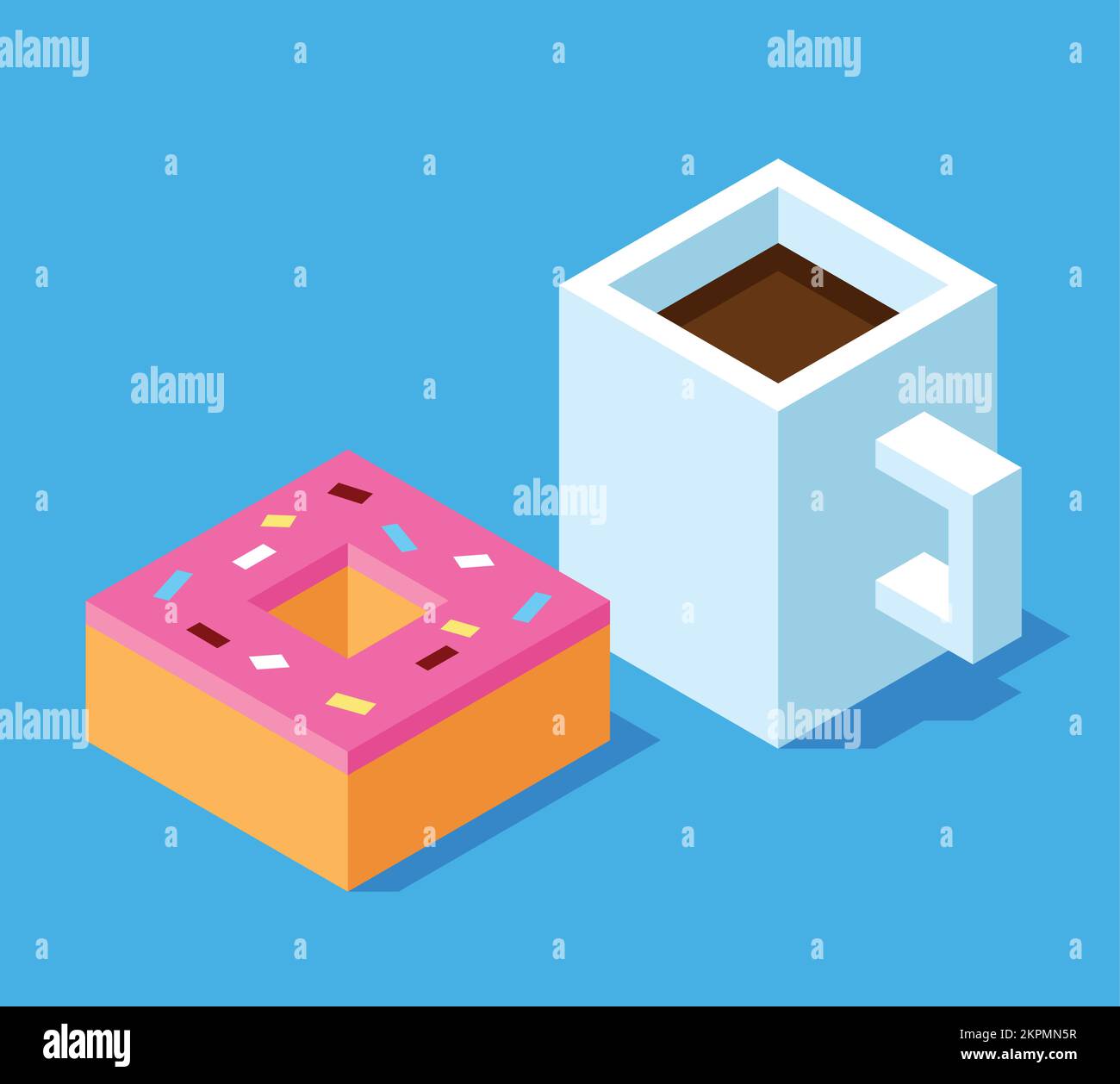 Stilisierte isometrische 3D Tasse Kaffee und Donut. Voxelgrafik Vektordarstellung. Stock Vektor