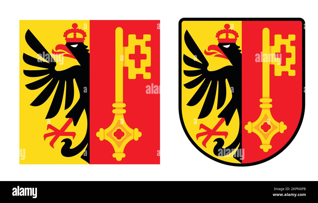 Wappen und Flagge von Genf, Schweiz. Flacher Klassiker im stilvollen Cartoon-Stil. Stock Vektor