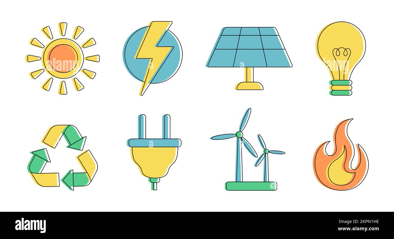 Reihe erneuerbarer Energien – Symbolsatz. Grüne Symbole für alternative Energie. Vektordarstellung Stock Vektor