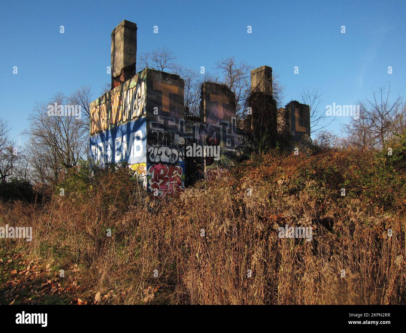 Die mit Graffiti bedeckten Ruinen der Cliffs, ein historisches Herrenhaus im East Fairmount Park in Philadelphia, PA. Stockfoto