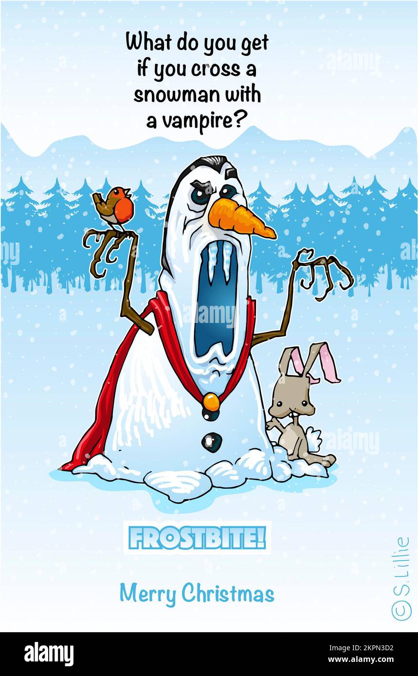 Witzige Weihnachtswitz-Kunst, was bekommt man, wenn man einen Schneemann mit einem Vampir überquert? Erfrierungen! Weihnachtsgags, festlicher Spaß, Grußkarte, Weihnachtskarte Stockfoto