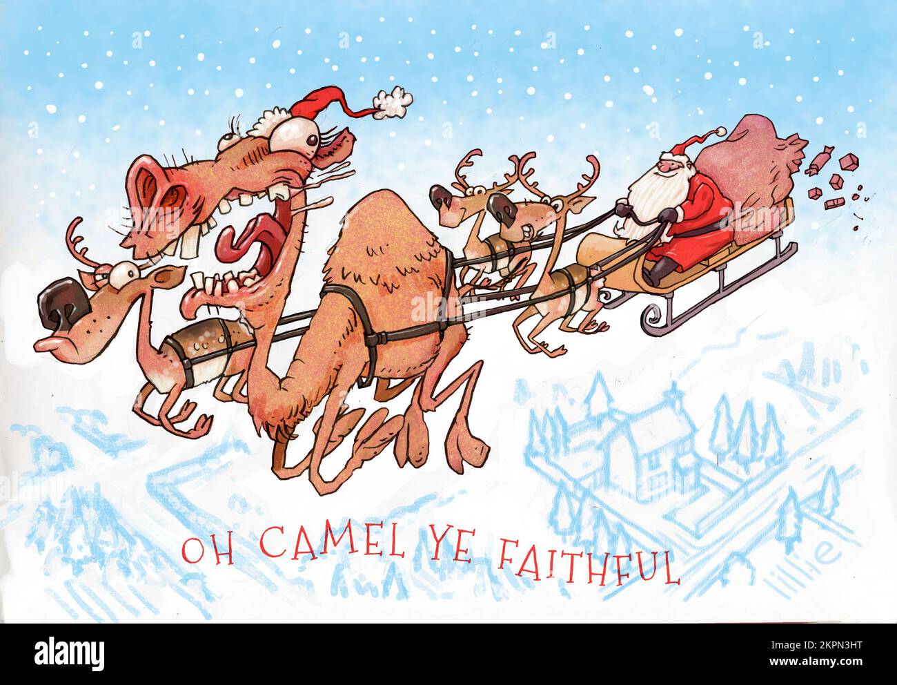 Lustige Weihnachtswitz-Kunst, der Schlitten des Weihnachtsmanns wird von Rentieren und einem Kamel gezogen, das Schild zeigt "Oh Camel Ye Faithful", Weihnachtsgag, Grußkarte. Stockfoto