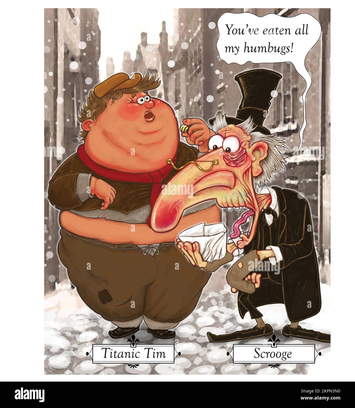Lustige Weihnachtswitz-Kunst, Scrouge schaut auf seine Tüte voller Humbug und beschuldigt Titanic Tim, sie alle gegessen zu haben. Von Dickens inspirierte Weihnachtskarte Stockfoto