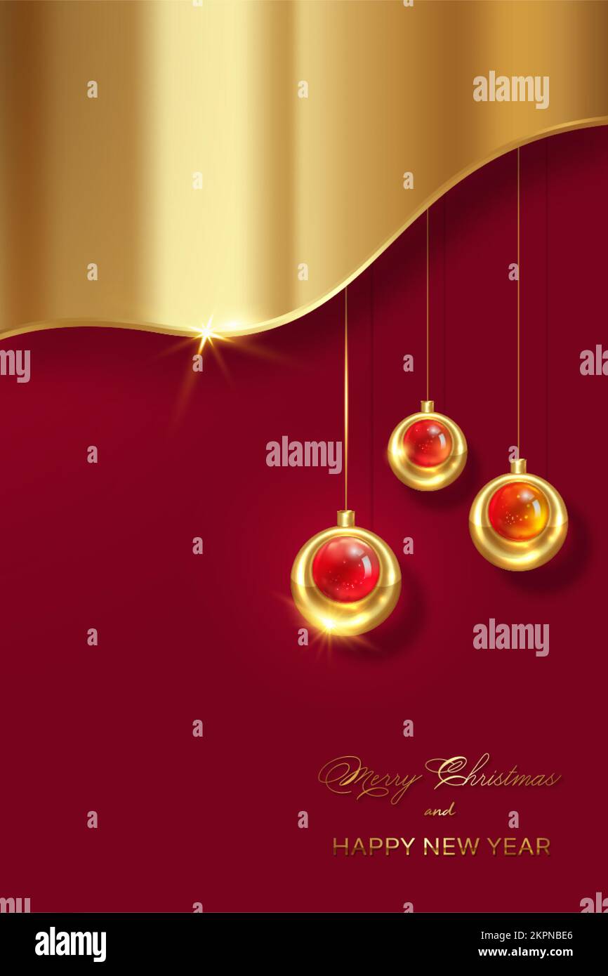 Weihnachts-Luxus-Weihnachtsbanner mit handgeschriebenen goldenen Frohe Weihnachten und Frohe Neujahrsgrüße und goldenen Weihnachtskugeln. Vektorgrafik Stock Vektor