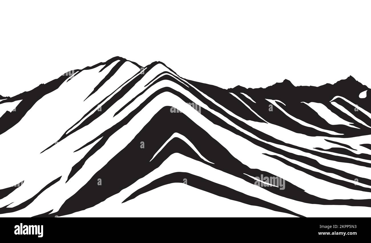 Regenbogenberge oder Vinicunca Montana de Siete Colores Schwarz-Weiß-Logo, Cuzco-Region in Peru, peruanische Anden, Panoramablick-Vektordarstellung Stock Vektor