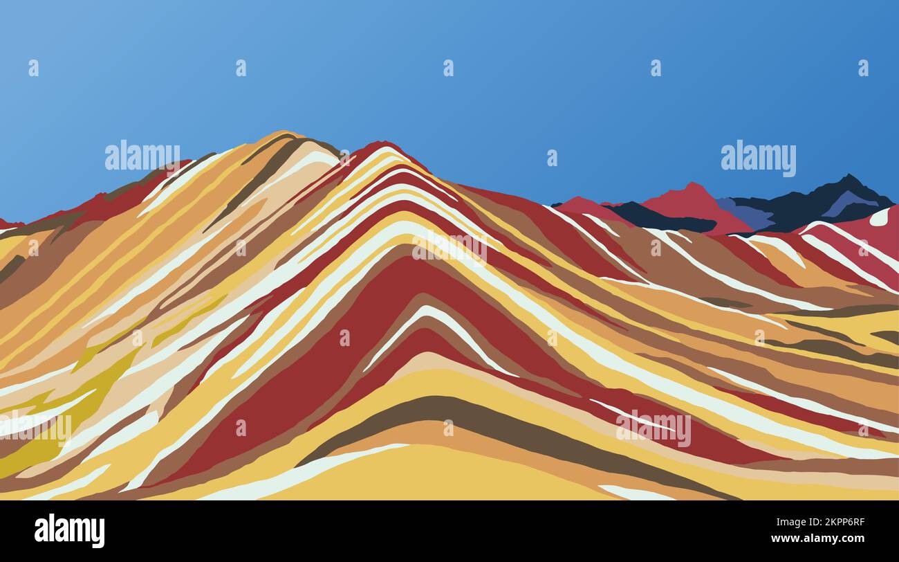 Regenbogenberge oder Vinicunca Montana de Siete Colores isoliert auf blauem Hintergrund, Cuzco-Region in Peru, peruanische Anden, Panoramablick Vektor i Stock Vektor