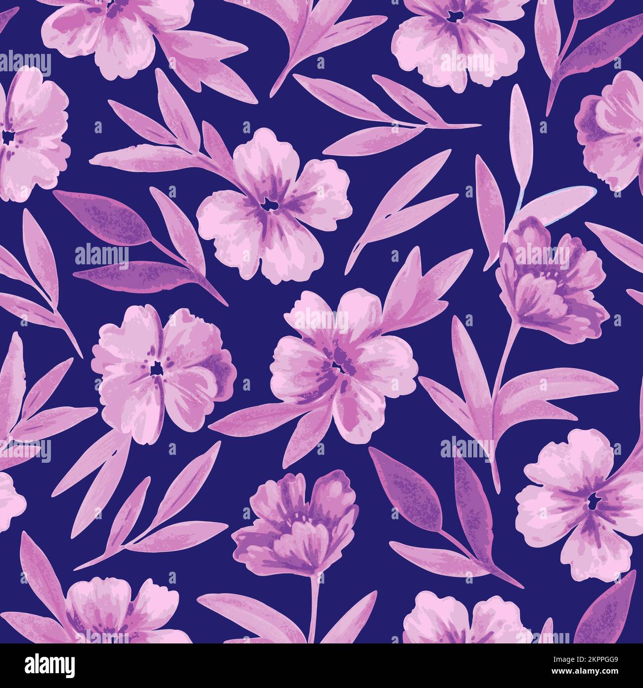 Nahtloses Muster mit lila Blumen und Blättern in Aquarellfarben für Hochzeitseinladungen, Grußkarten und Stoff Stock Vektor