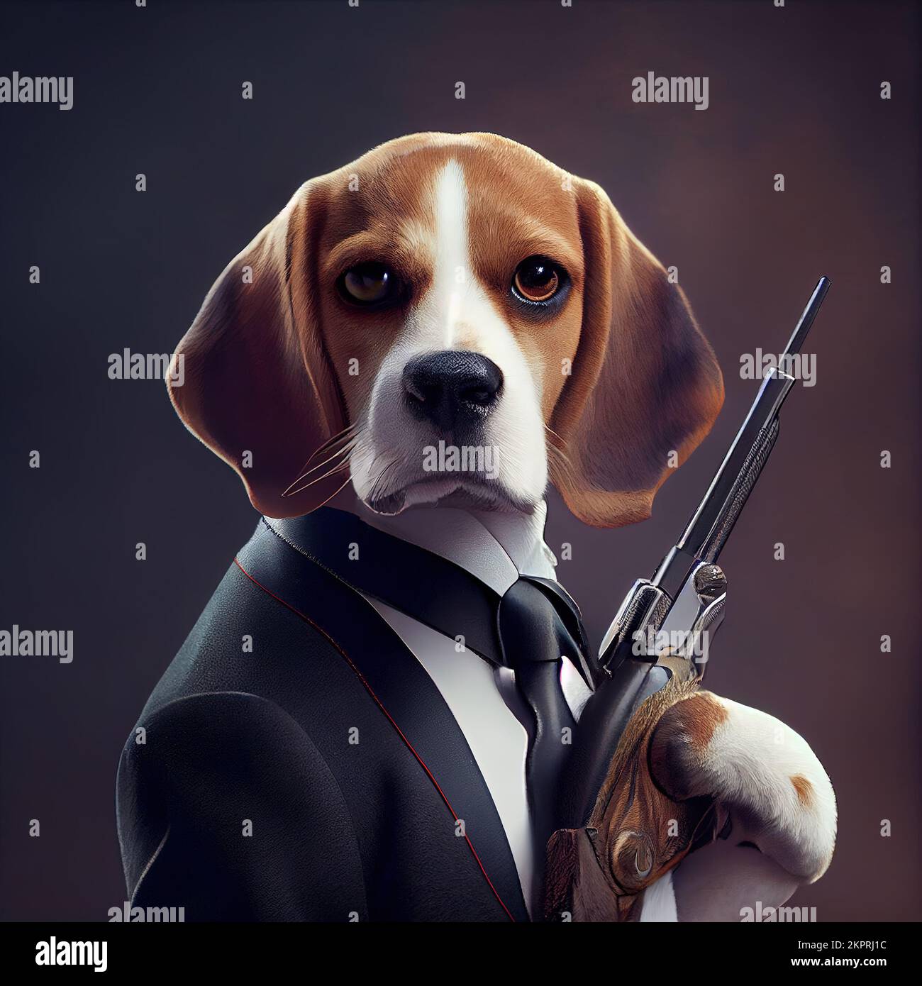 Anthropomorphe Studioaufnahme eines süßen Beagle-Hundes im Anzug mit einer Waffe. Digital generierte Illustration. Stockfoto