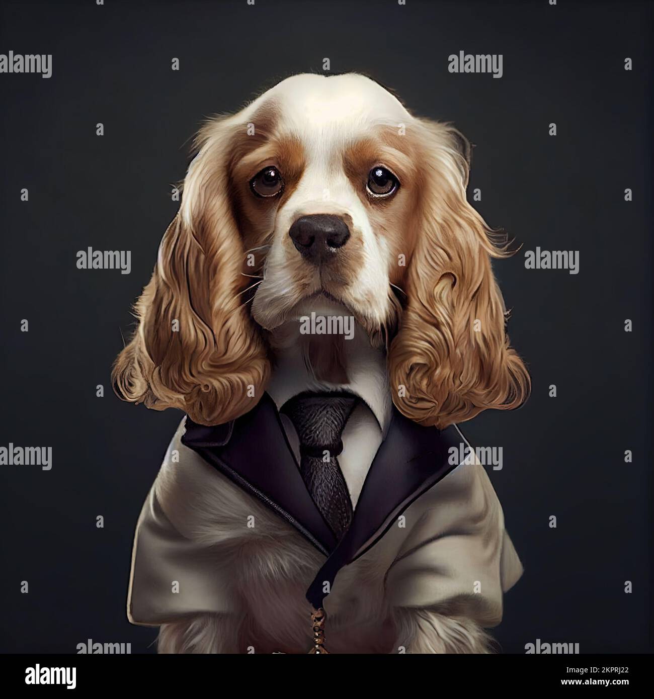 Anthropomorphe Studioaufnahme eines süßen Cocker Spaniel-Hundes im Anzug. Digital generierte Illustration. Stockfoto