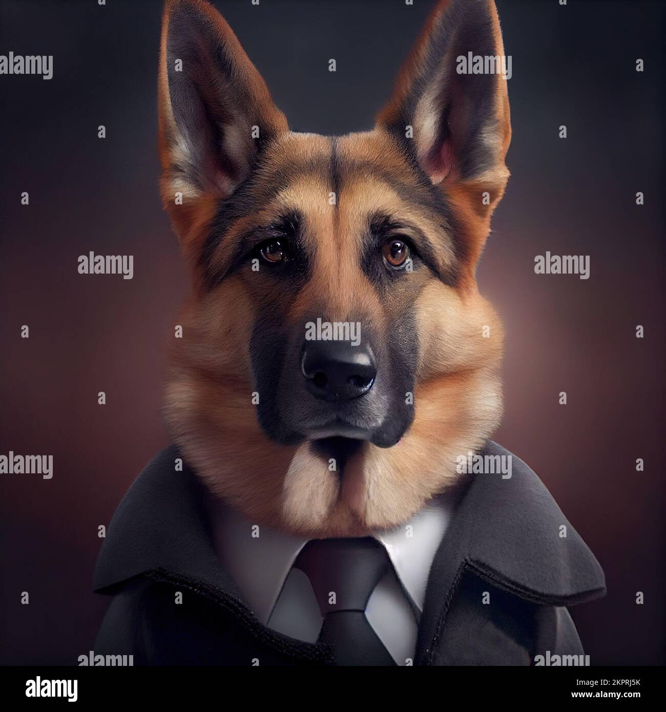 Anthropomorphe Studioaufnahme eines süßen Schäferhundes im Anzug. Digital generierte Illustration. Stockfoto