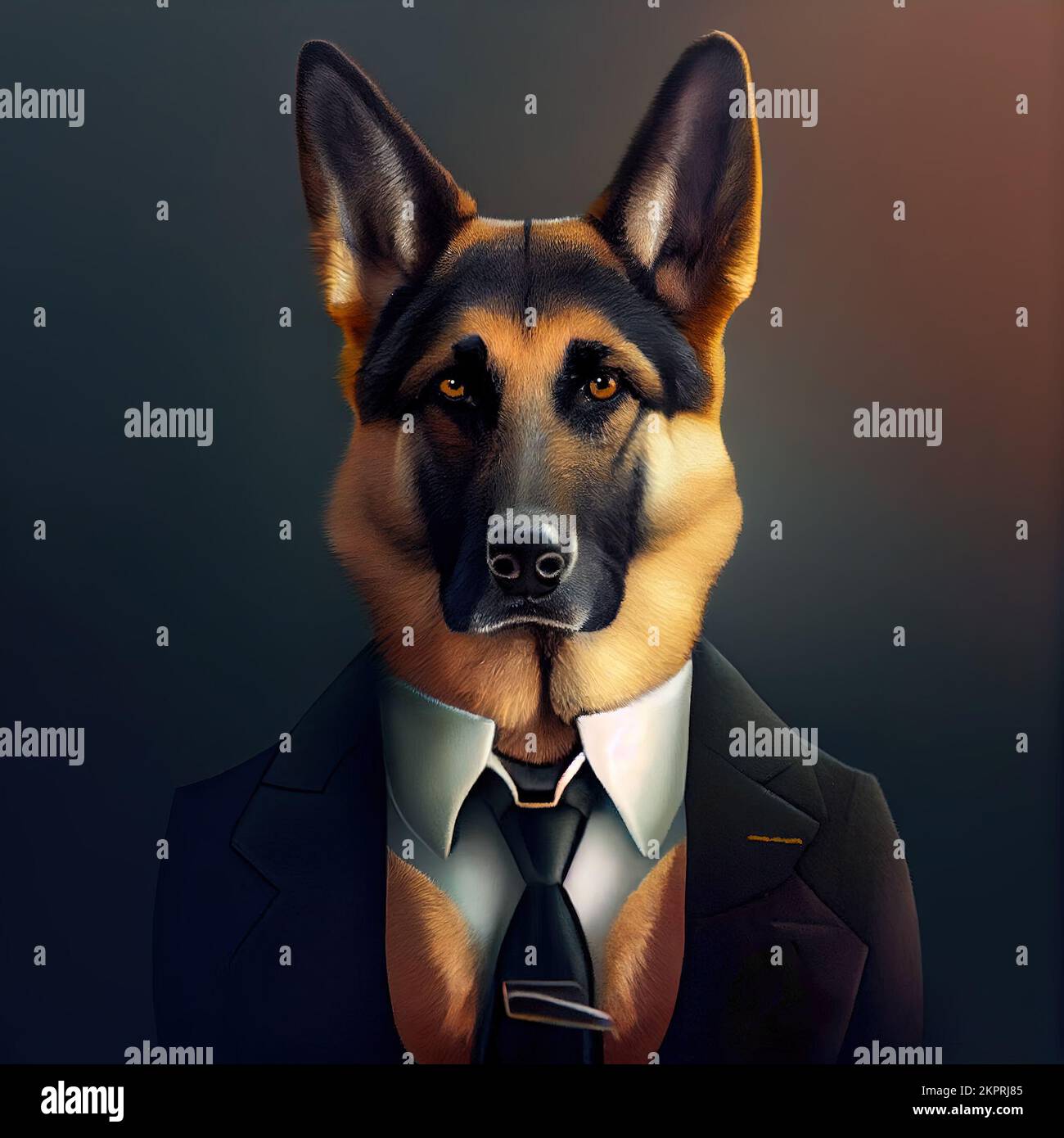 Anthropomorphe Studioaufnahme eines süßen Schäferhundes im Anzug. Digital generierte Illustration. Stockfoto