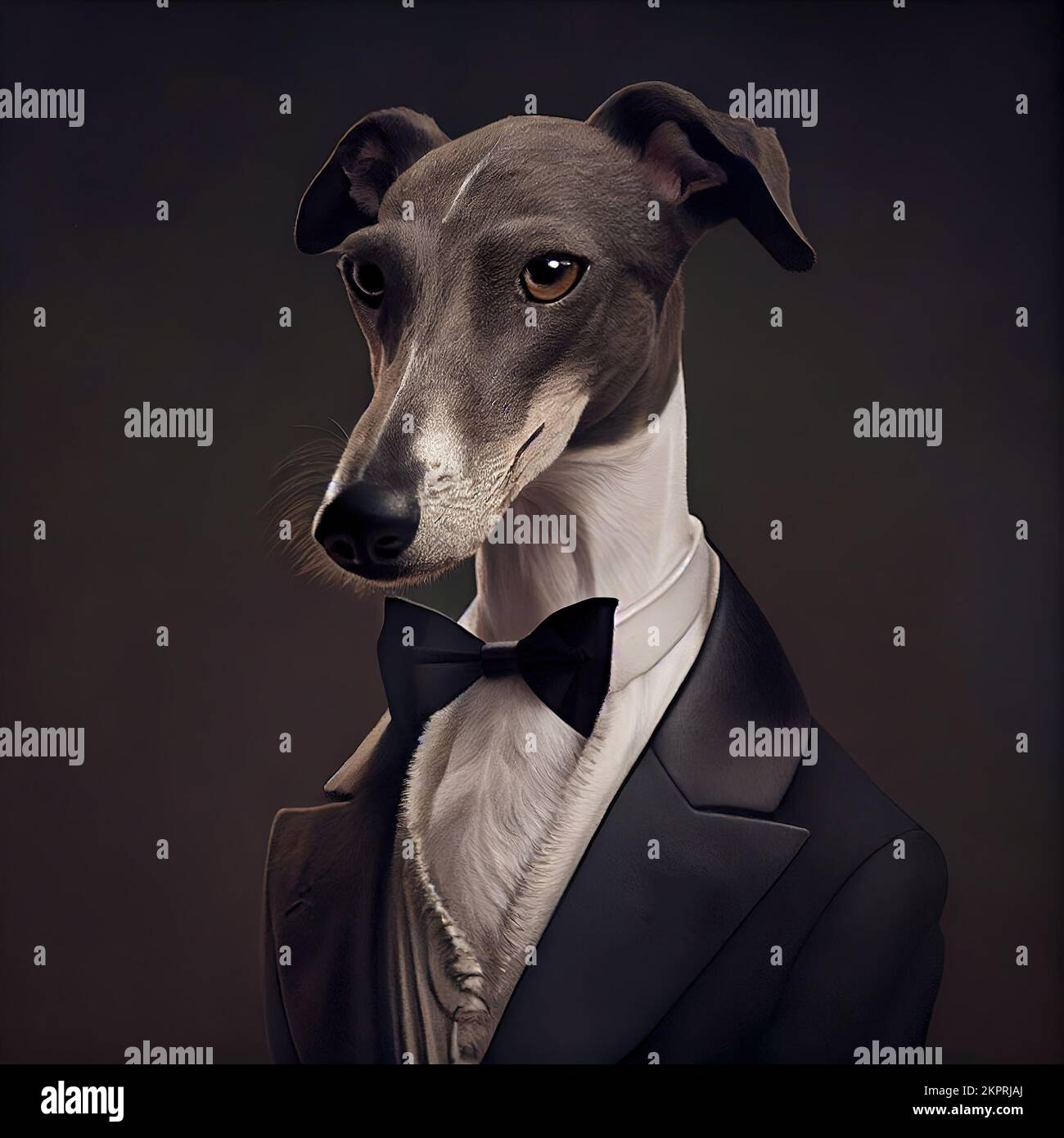 Anthropomorphe Studioaufnahme eines süßen Windhund-Hundes im Anzug. Digital generierte Illustration. Stockfoto