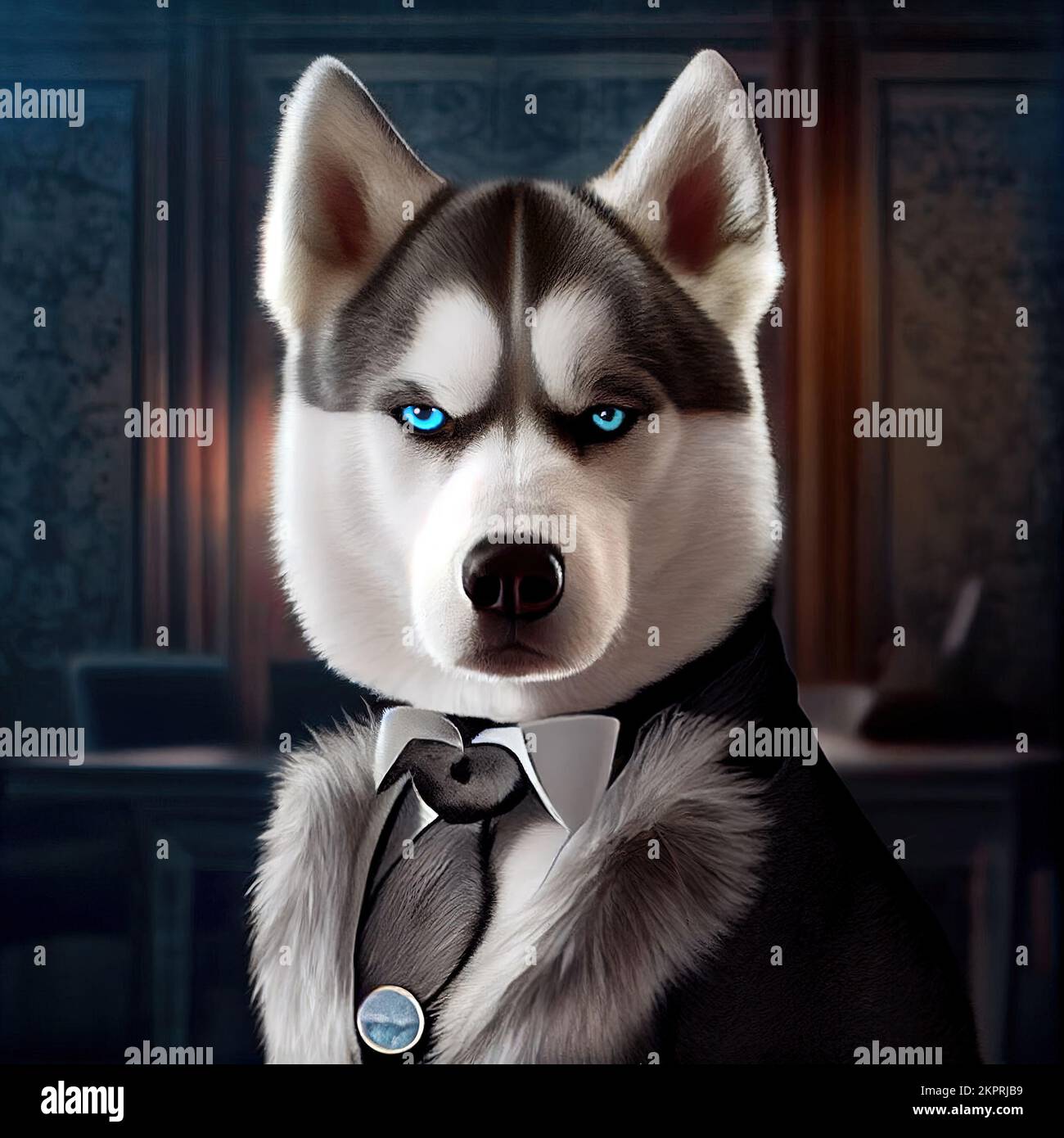 Anthropomorphe Studioaufnahme eines süßen Husky-Hundes im Anzug. Digital generierte Illustration. Stockfoto