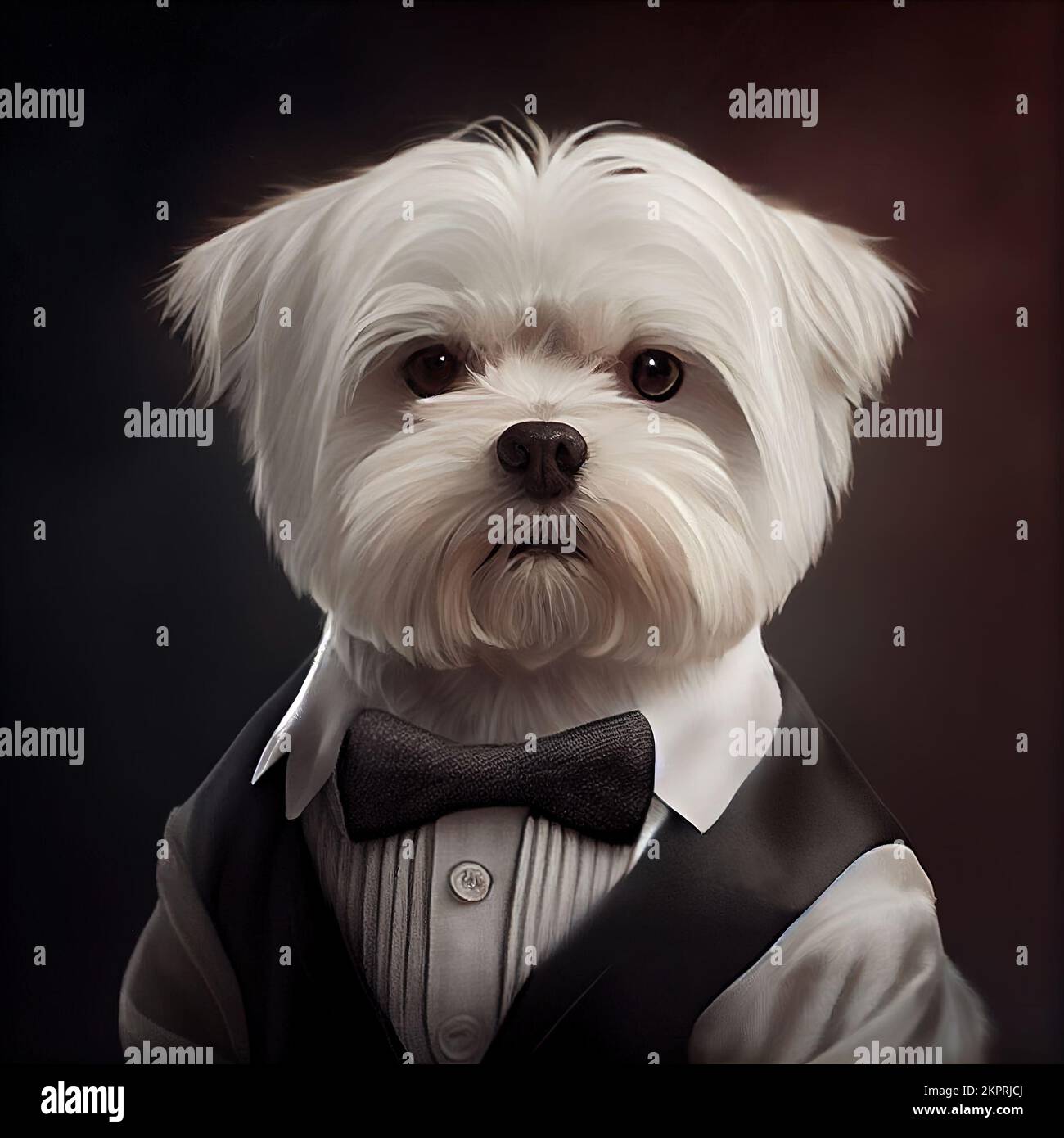 Anthropomorphe Studioaufnahme eines süßen Maltesischen Hundes im Anzug. Digital generierte Illustration. Stockfoto