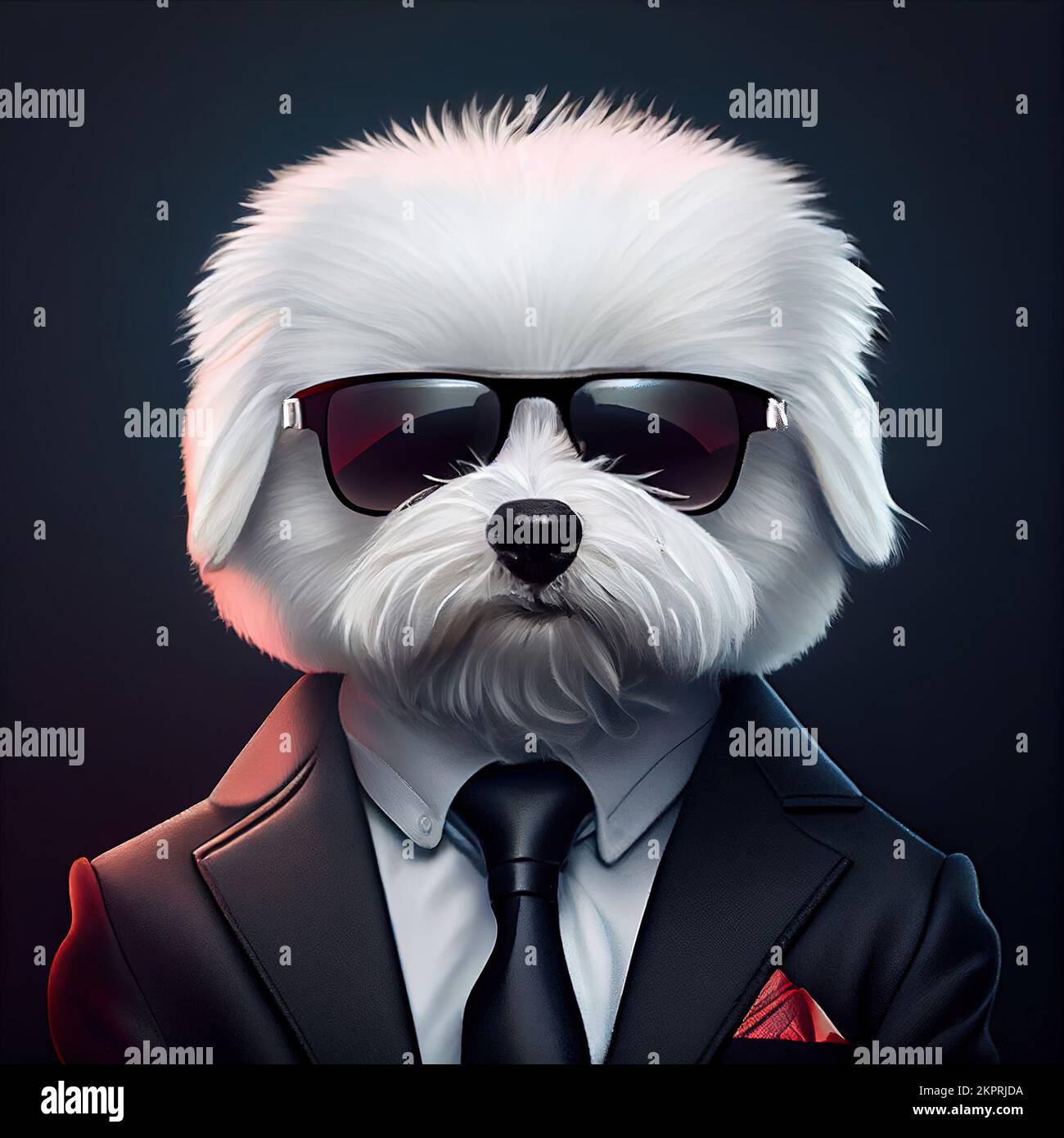 Anthropomorphe Studioaufnahme eines süßen Maltesers in Anzug und Sonnenbrille. Digital generierte Illustration. Stockfoto