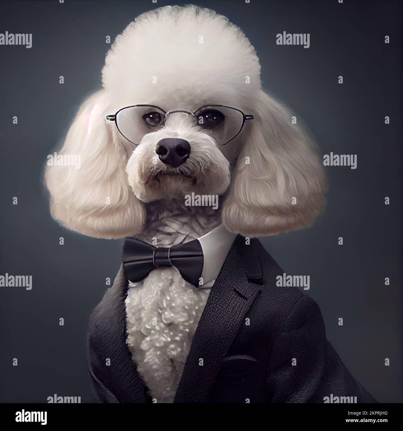 Anthropomorphe Studioaufnahme eines süßen Pudelhundes im Anzug. Digital generierte Illustration. Stockfoto