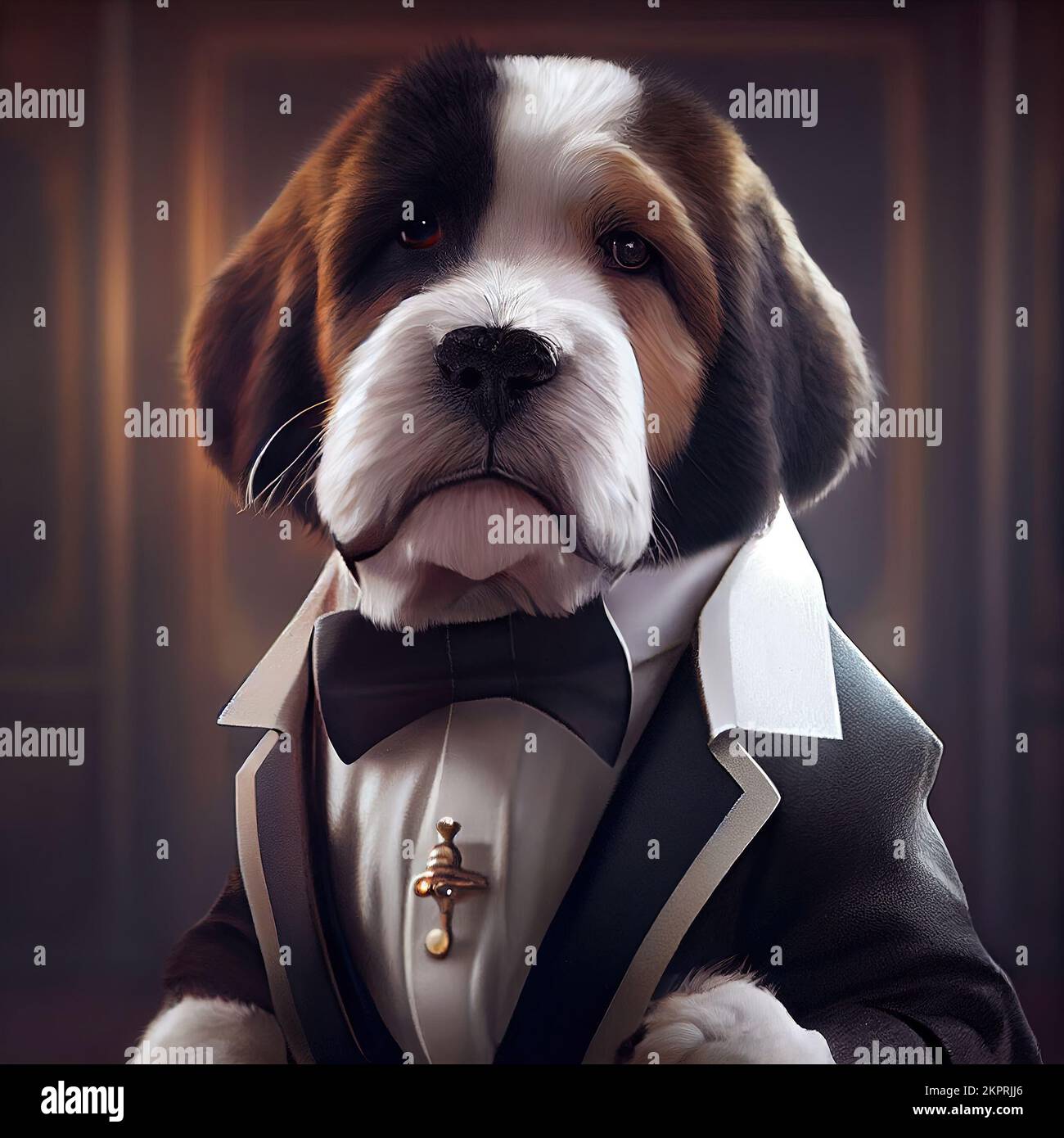Anthropomorphe Studioaufnahme eines süßen Bernhard-Hundes im Anzug. Digital generierte Illustration. Stockfoto