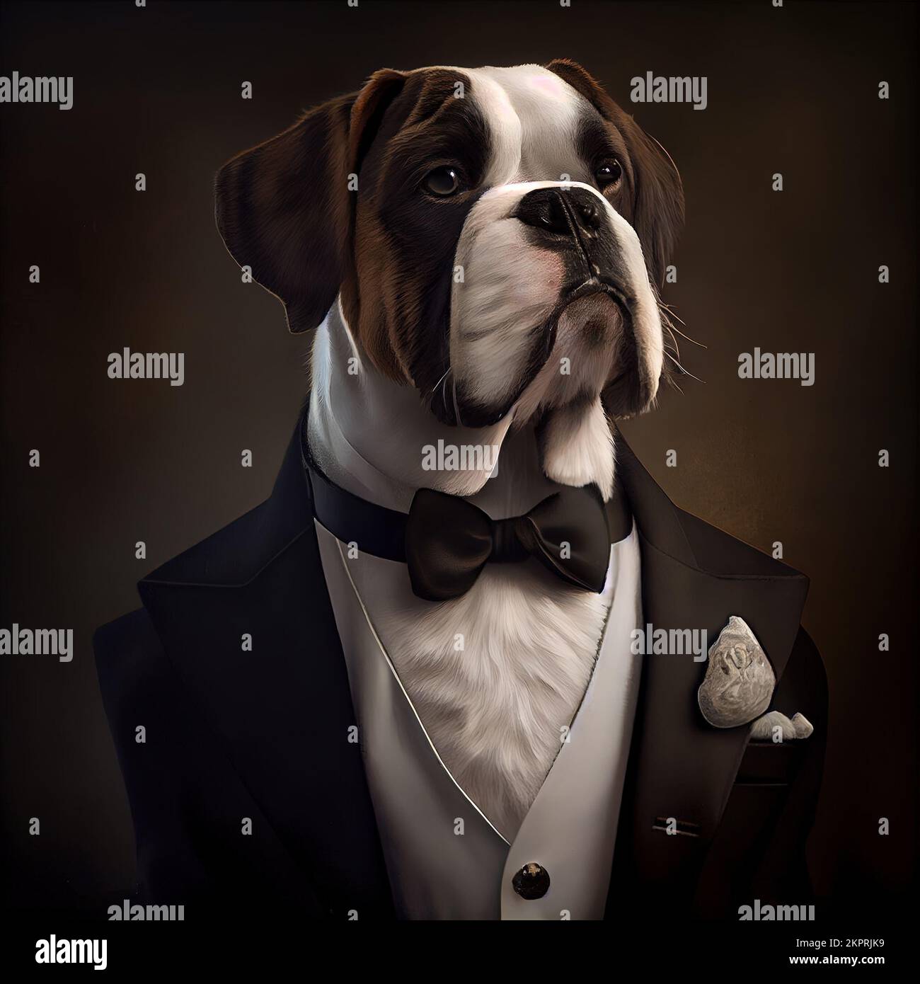 Anthropomorphe Studioaufnahme eines süßen Bernhard-Hundes im Anzug. Digital generierte Illustration. Stockfoto