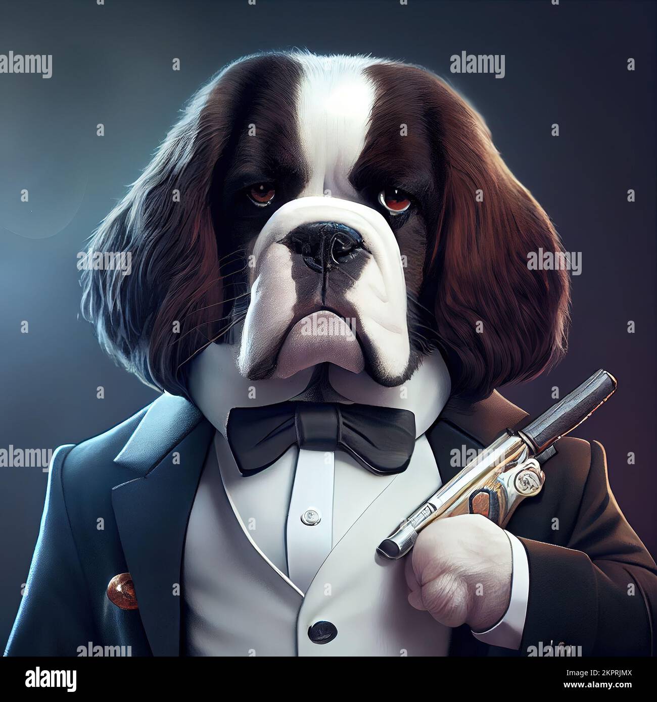 Anthropomorphe Studioaufnahme eines süßen Bernhard-Hundes im Anzug mit einer Waffe. Digital generierte Illustration. Stockfoto