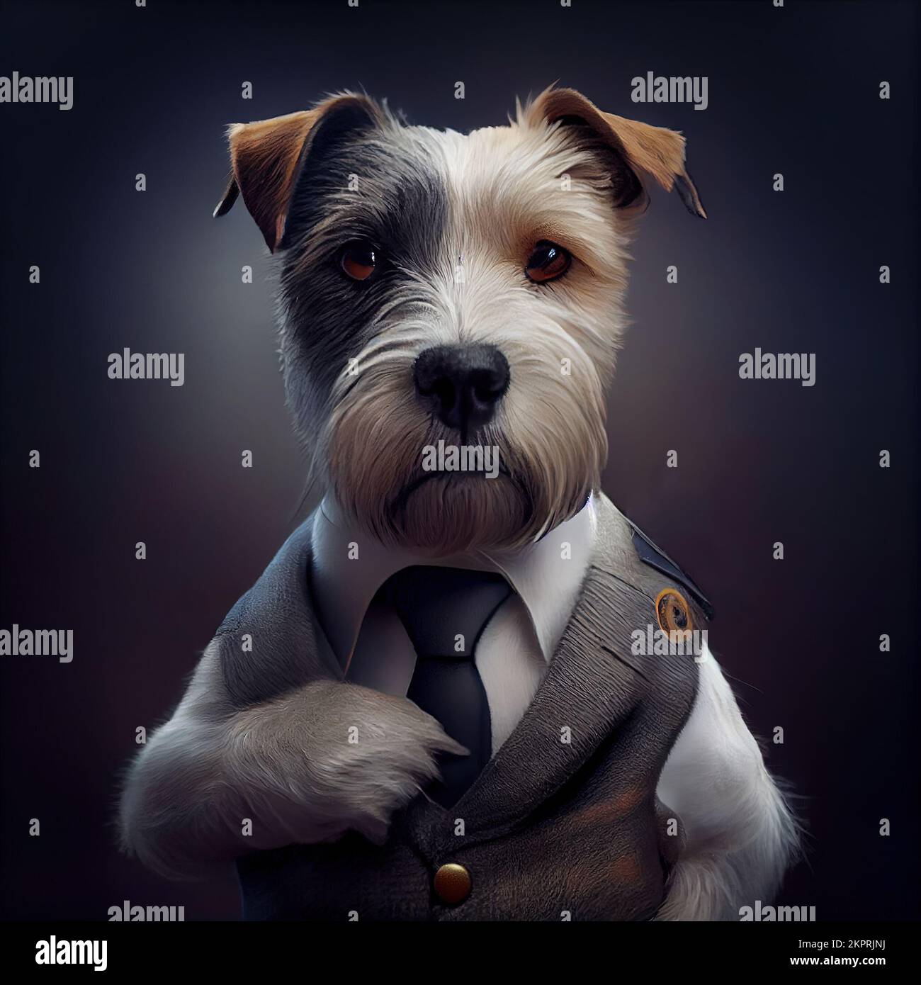 Anthropomorphe Studioaufnahme eines süßen Terrier-Hundes im Anzug. Digital generierte Illustration. Stockfoto