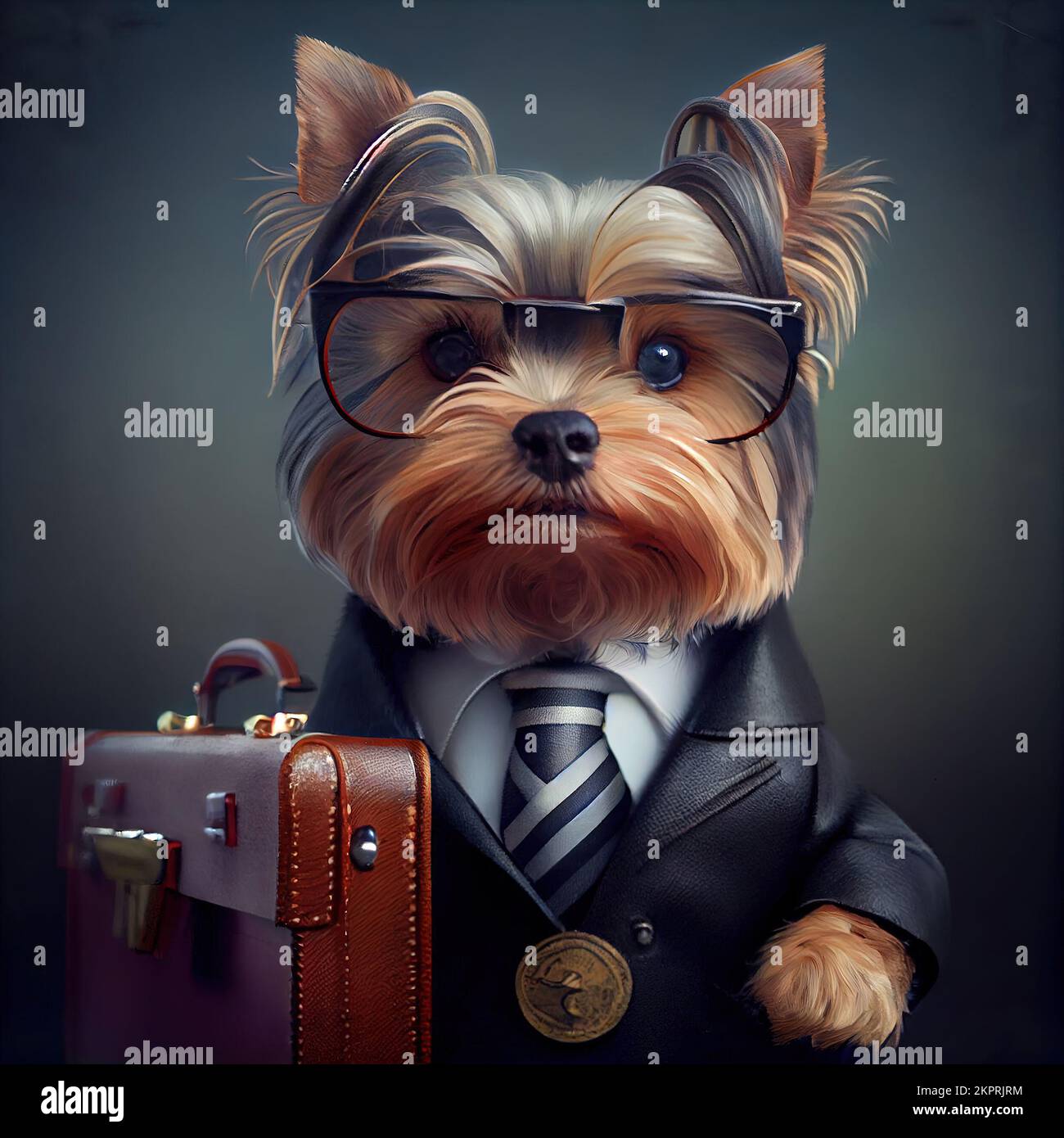 Anthropomorphe Studioaufnahme eines süßen Yorkshire Terrier Hundes im Anzug. Digital generierte Illustration. Stockfoto