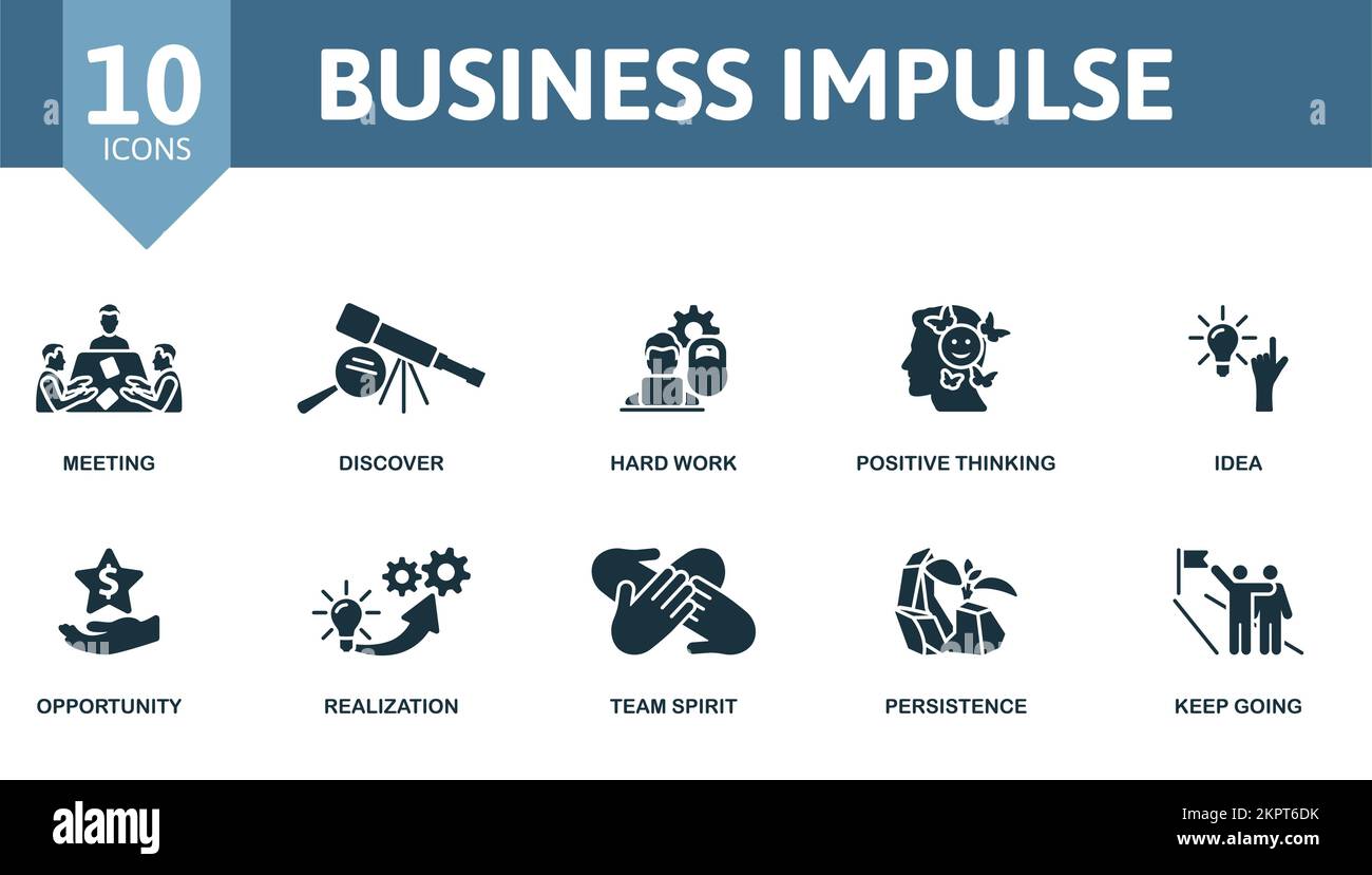 Symbolgruppe „Business Impulse“. Einfarbige Simple Business Impulse Icon Kollektion. Meeting, Entdecken, Harte Arbeit, Positives Denken, Idee, Gelegenheit Stock Vektor