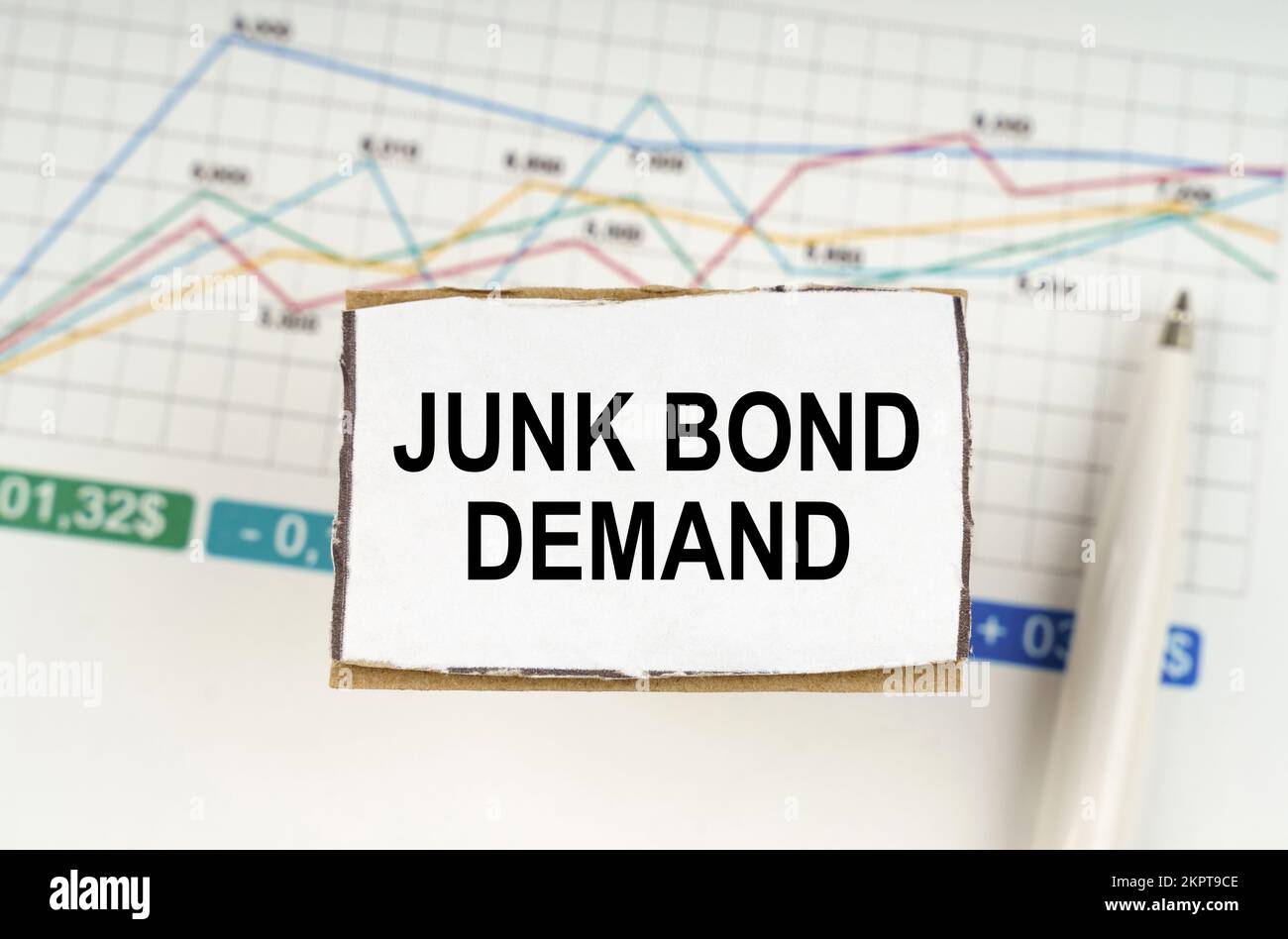 Geschäftskonzept. Vor dem Hintergrund von Geschäftsgrafiken und Stiften, ein Schild mit der Aufschrift "JUNK BOND DEMAND" Stockfoto