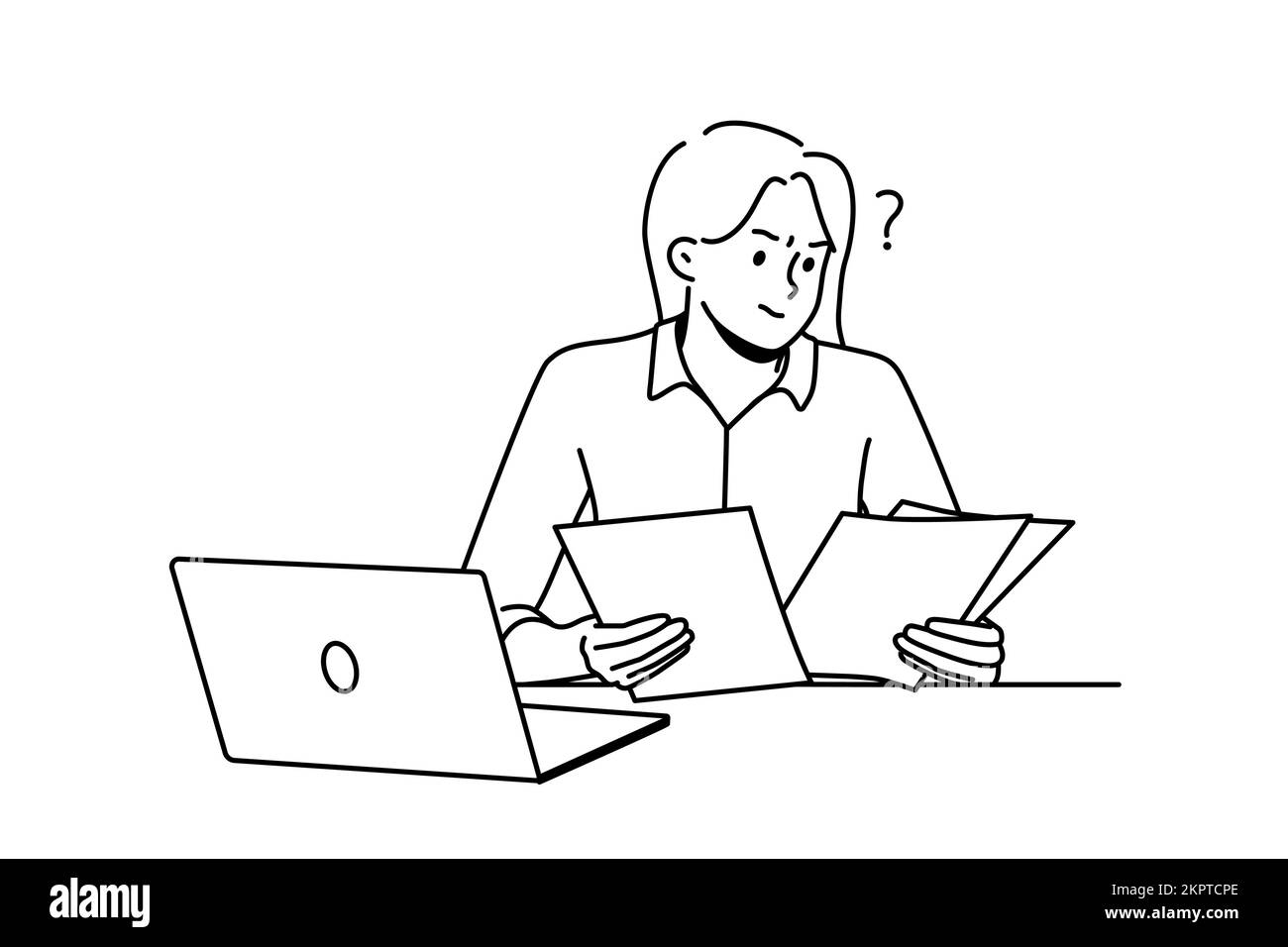 Frustrierte Frau, die mit Papierkram am Laptop arbeitet. Verwirrte weibliche Angestellte ziehen Dokumente am Arbeitsplatz in Betracht. Vektorgrafik. Stock Vektor