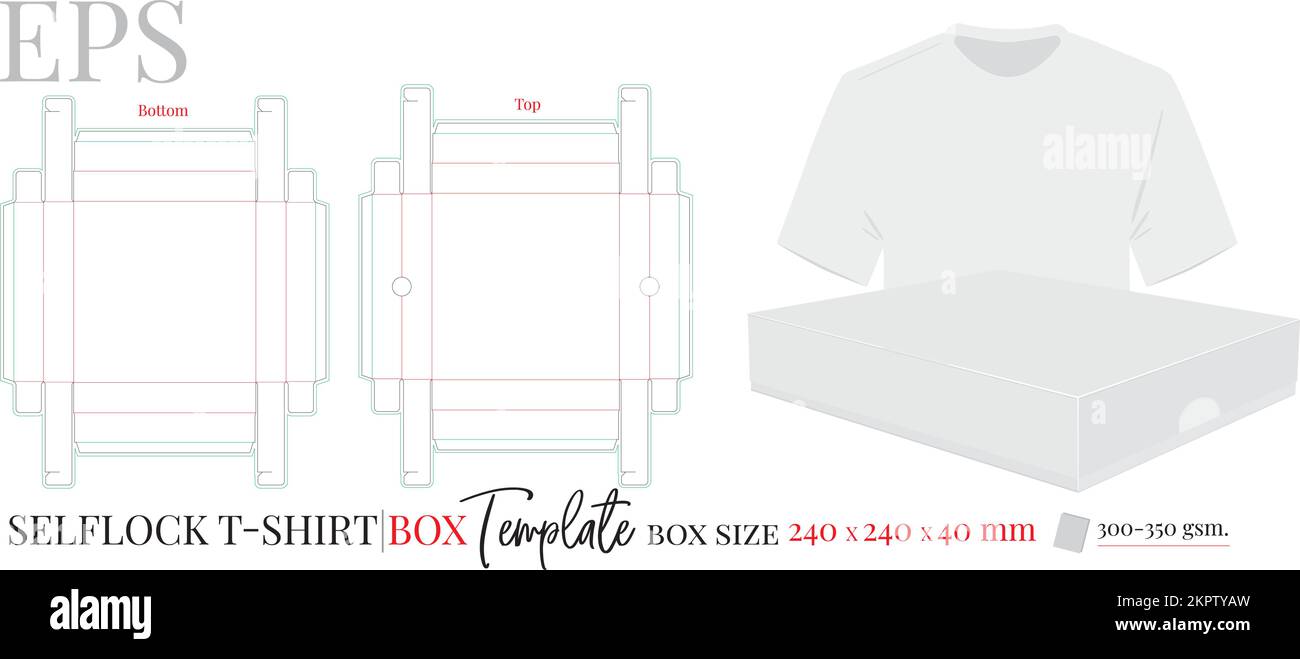 T-Shirt-Box, gestanzte Schablone, Vektor. Selbstschließende Box weiß, klar, schwarzes Modell isoliert auf weißem Hintergrund. Verpackungsdesign Stock Vektor