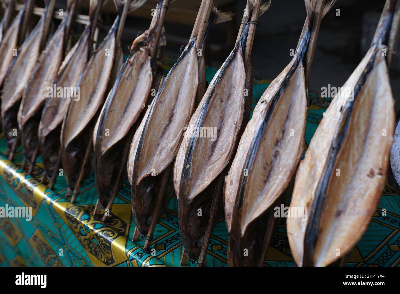 Nahaufnahme einer Reihe geräucherter Fische auf einem Trockenständer in Indonesien Stockfoto