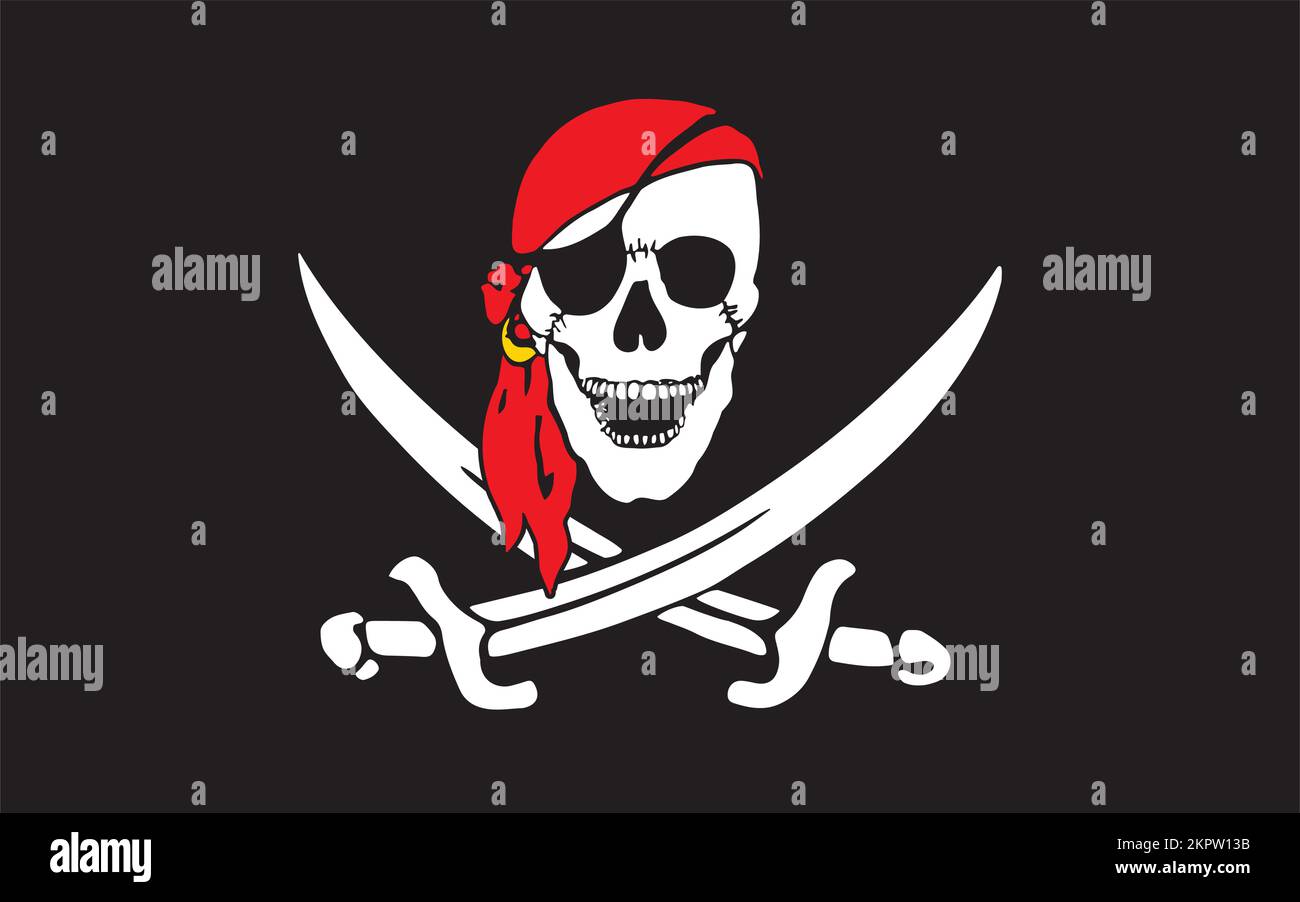Klassischer fröhlicher piratenschädel roger mit rotem Bandana und gekreuzten Schwertern Fahnenvektorgrafik isoliert auf weißem Hintergrund Stock Vektor