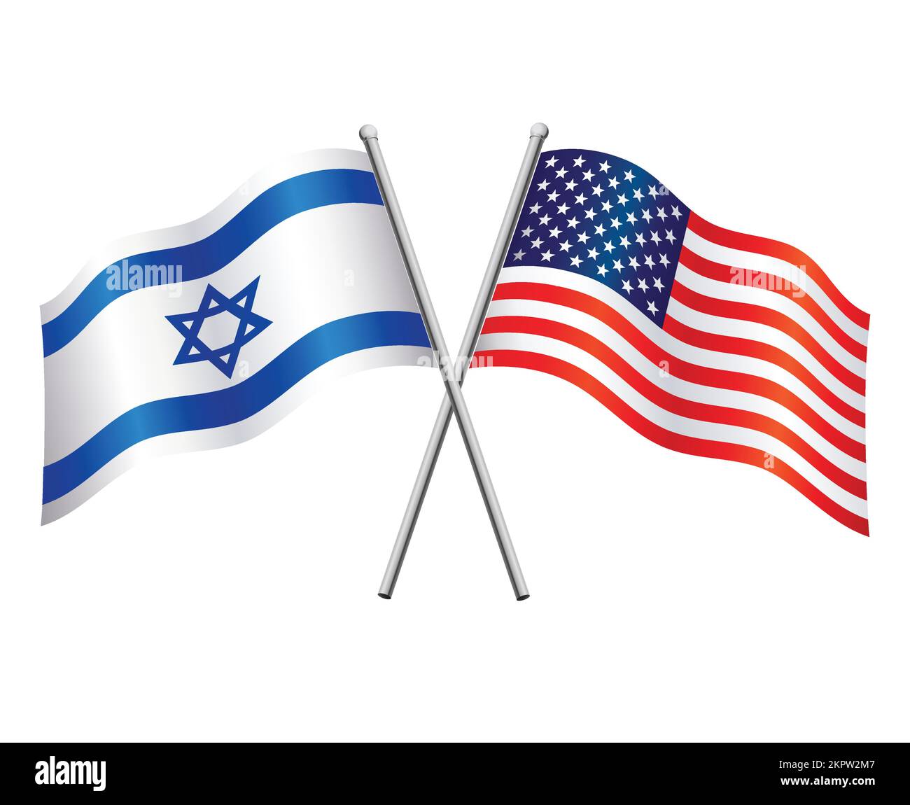 die israelischen und amerikanischen Flaggen im Beziehungsbündnis oder gegen den Konflikt überquerten die Flaggenmasten, isoliert auf weißem Hintergrund Stock Vektor