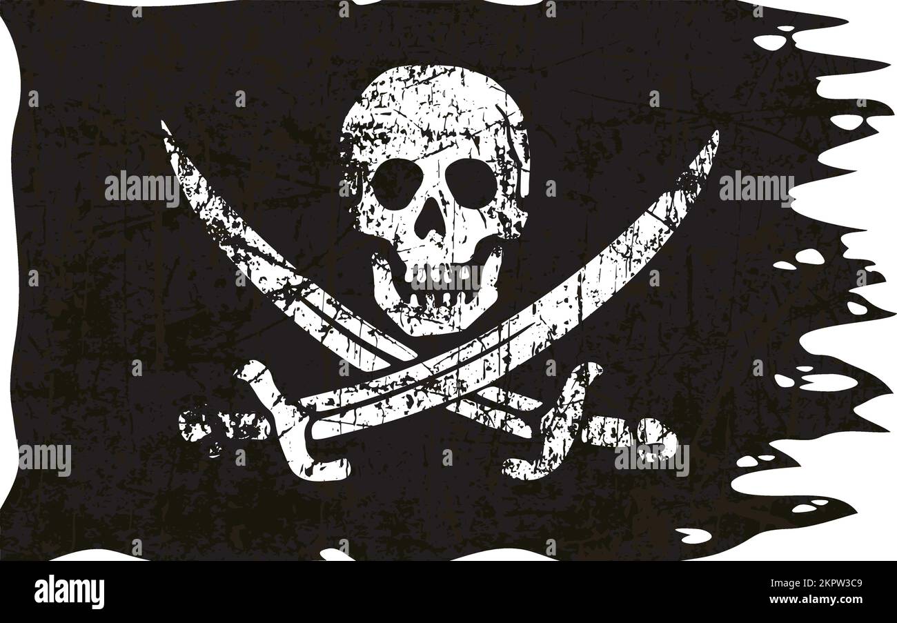 Klassischer fröhlicher roger-Piratenschädel und gekreuzte Schwerter-Flagge zerrissener alter schwarzer und weißer Vektor Stock Vektor