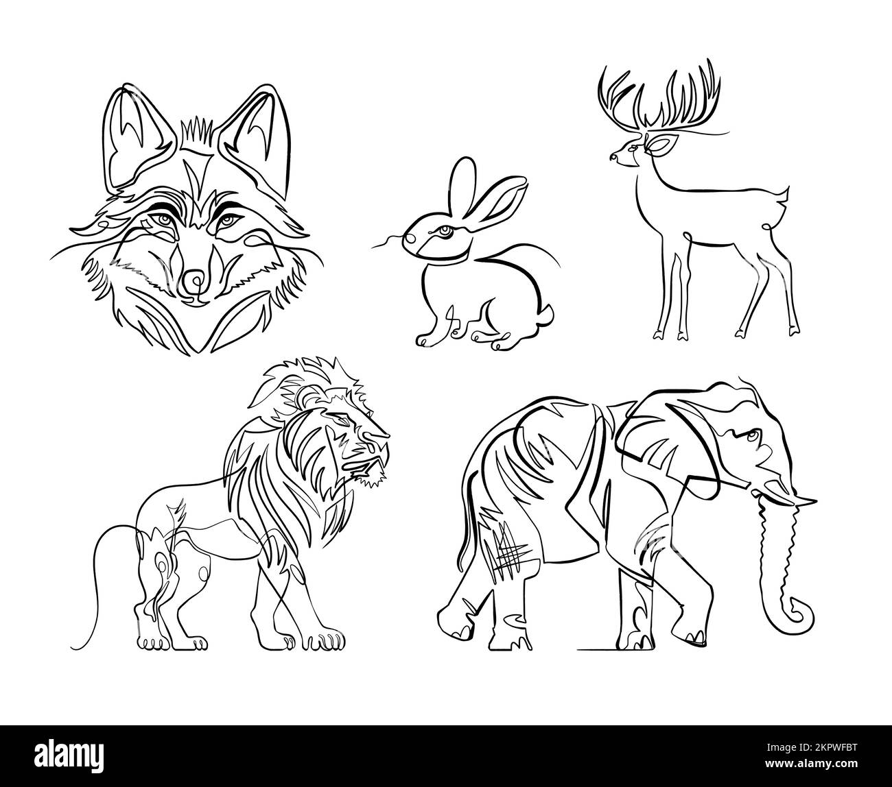 Eine Strichzeichnung berühmter Tiere, Vektorsatz von fünf - Wolf, Hase, Hirsch, Löwe und Elefant Stock Vektor