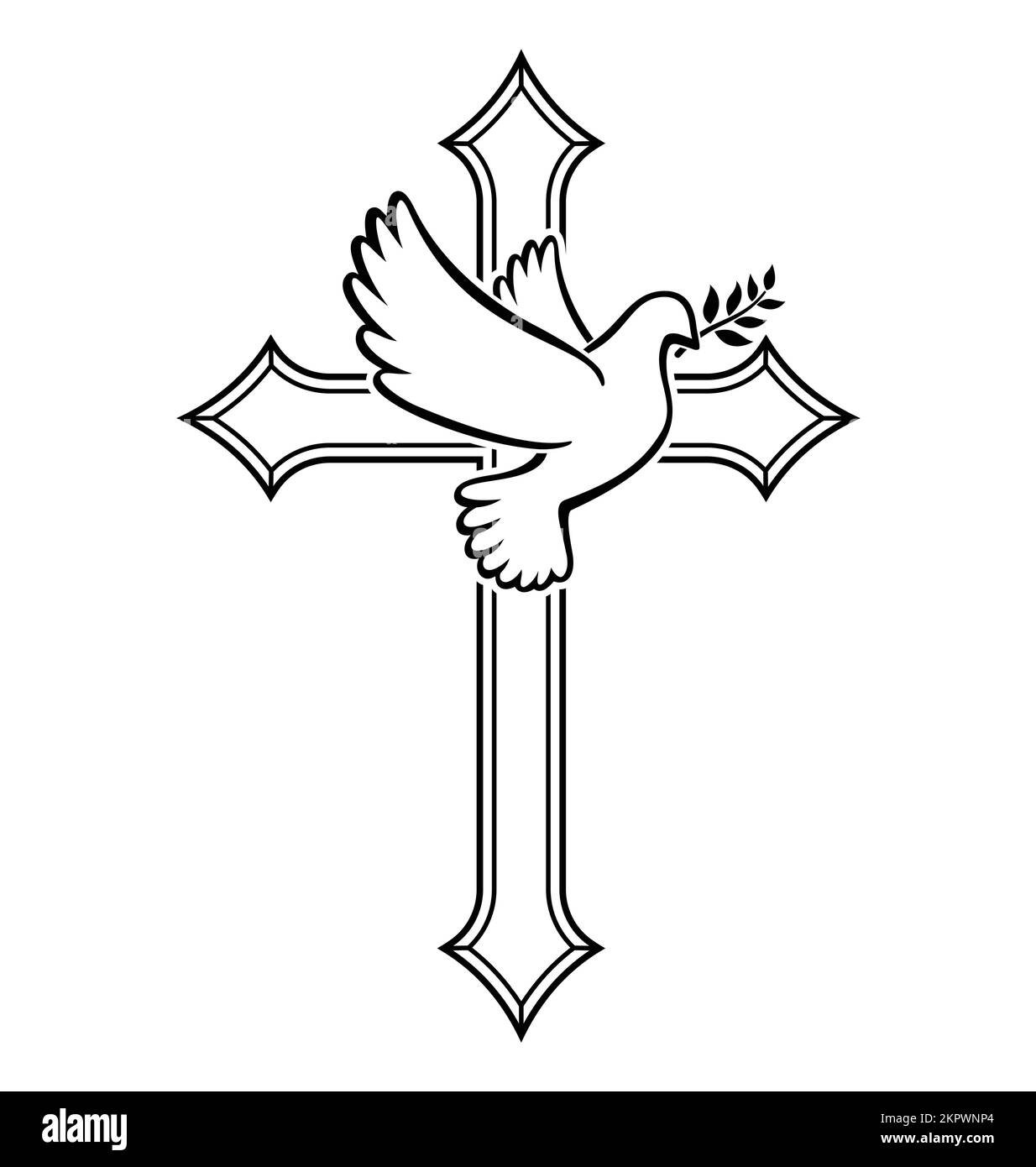 Schöne fliegende weiße Friedenstaube Taube Vogel Umriss mit olivgrünen Zweig Silhouette auf christian Kreuz Kruzifix Vektor isoliert auf weißem Hintergrund Stock Vektor