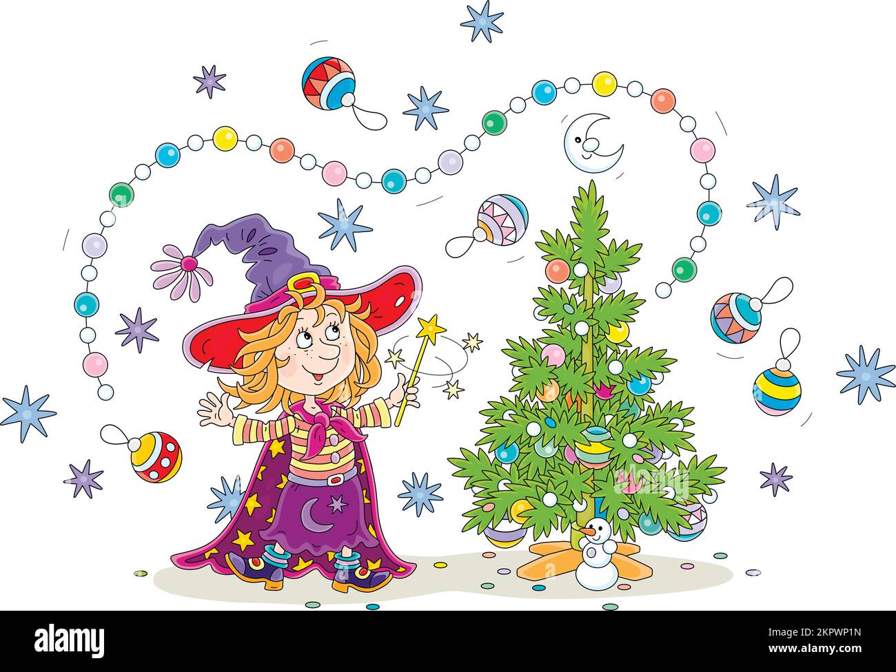 Eine glückliche kleine Hexe schwenkt mit ihrem Zauberstab und schmückt einen kleinen Weihnachtsbaum mit fliegenden bunten Girlanden, Spielzeugen und Bällen Stock Vektor