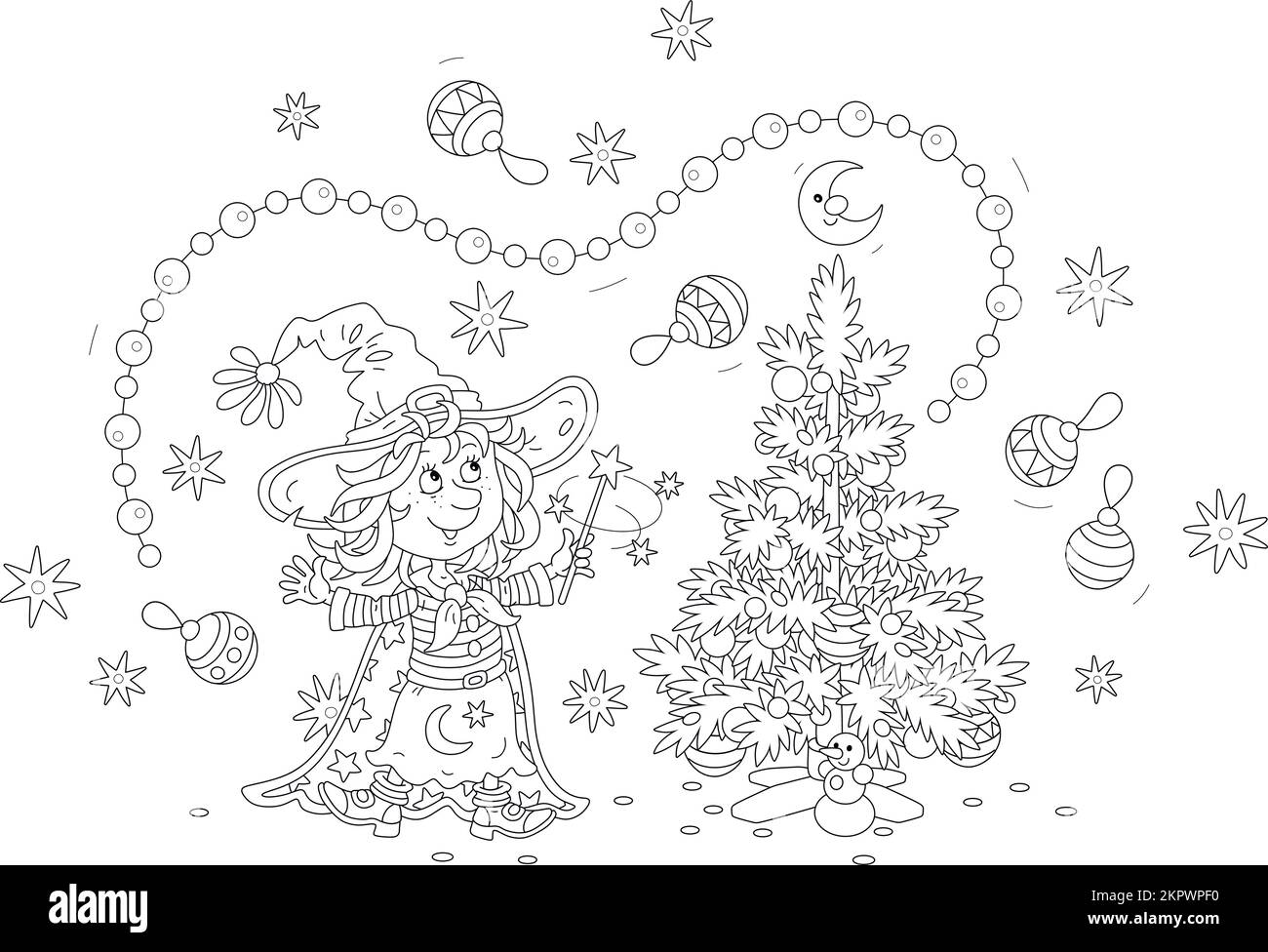 Fröhliche kleine Hexe, die ihren Zauberstab winkt und einen kleinen Weihnachtsbaum mit fliegenden Girlanden, Spielzeug und Bällen dekoriert Stock Vektor