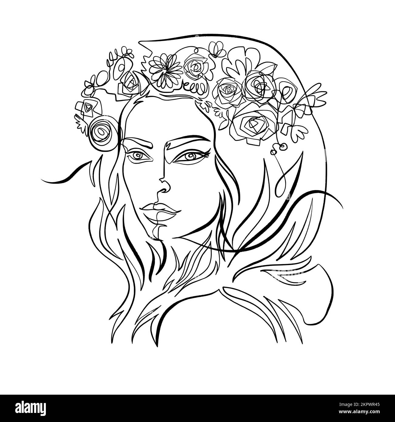 Vektorzeichnung einer schönen Frau mit einem Blumenkranz auf dem Kopf Stock Vektor