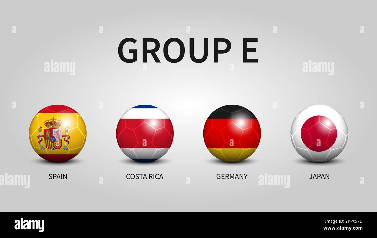 Katar Fifa Fußballweltmeisterschaft 2022 . Stufe E der Gruppe . Fußball mit Landesflaggenmuster. Vector . Stock Vektor