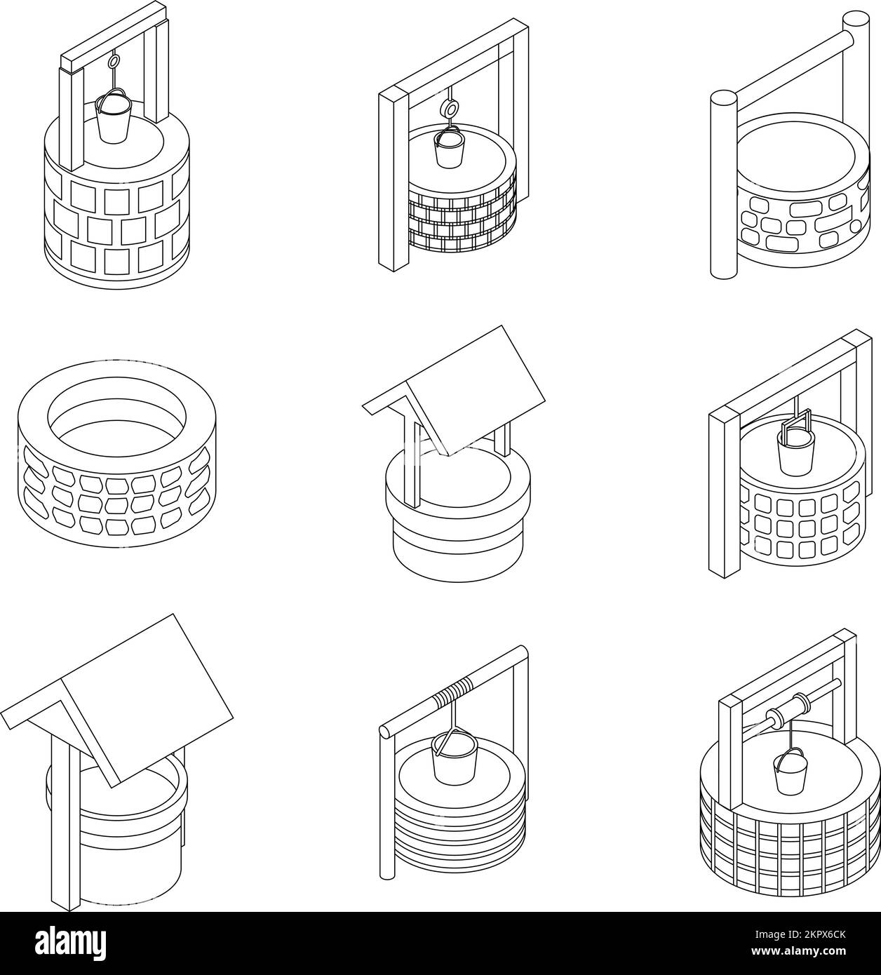 Symbole für Brunnen eingestellt. Isometrischer Satz von Vektorsymbolen für die Wasserbrunnen umgibt den Vektor auf weißem Hintergrund Stock Vektor