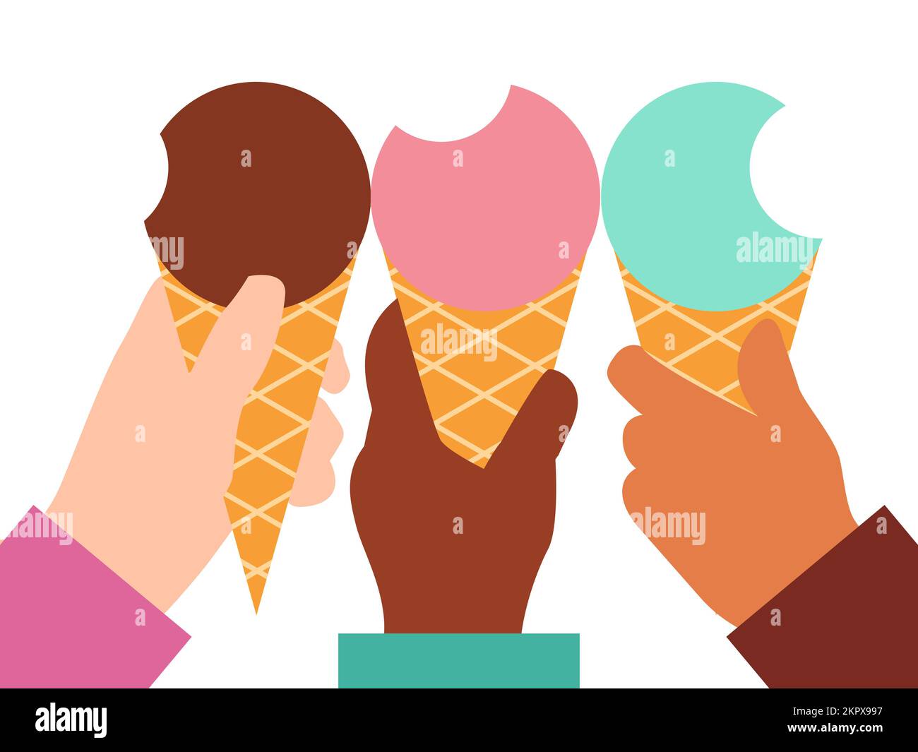 Zusammen Eis essen. Hände verschiedener Ethnien, die Eis verschiedener Farben halten. Vektor. Stock Vektor