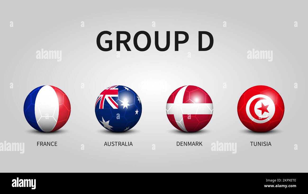 Katar Fifa Fußballweltmeisterschaft 2022 . Gruppe D Stufen . Fußball mit Landesflaggenmuster. Vector . Stock Vektor