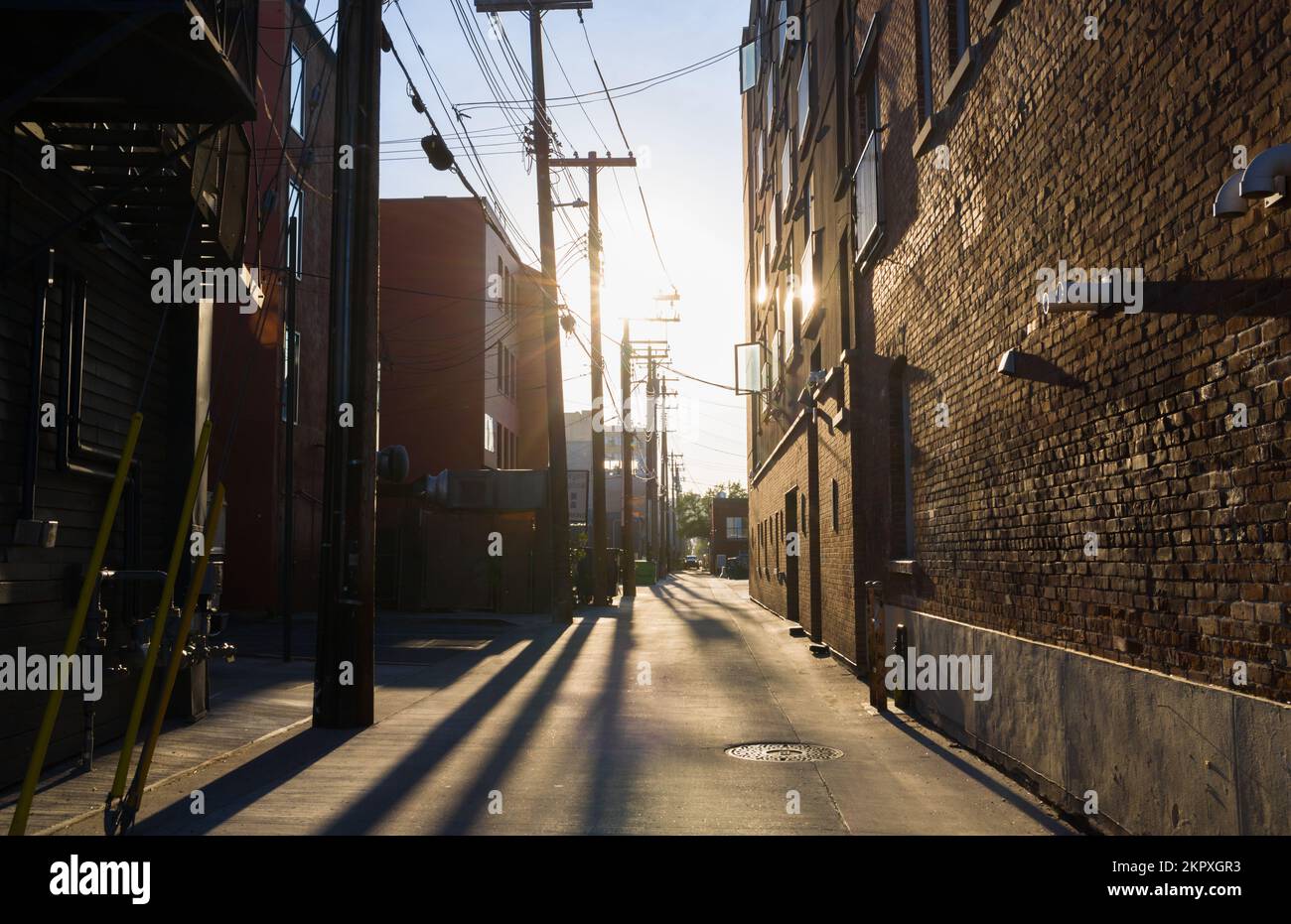 Sonnenuntergang in der Gasse von alten Ziegelgebäuden - Hinterhof, Stromleitungen, Bäume, Mülltank Stockfoto