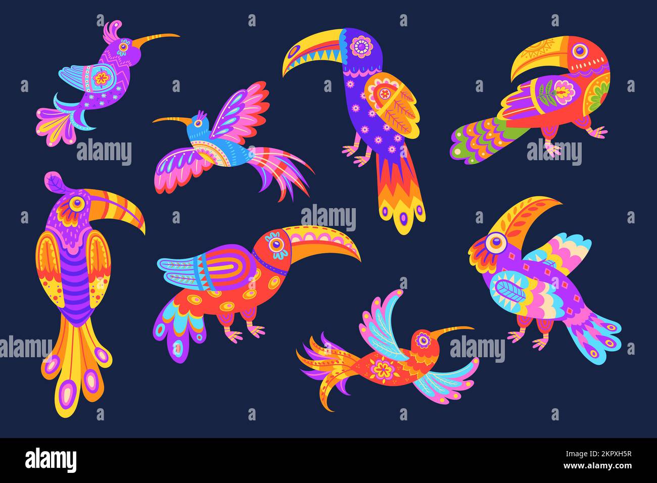 Mexikanische Ziervögel. Traditionelle mexikanische Stickerei, tropische Vogelkunst, Alebrije-Tier mit wunderschönen Blumen-Zierfedern, Stammeskunst, Vektordarstellung des Ziervogelmusters Stock Vektor