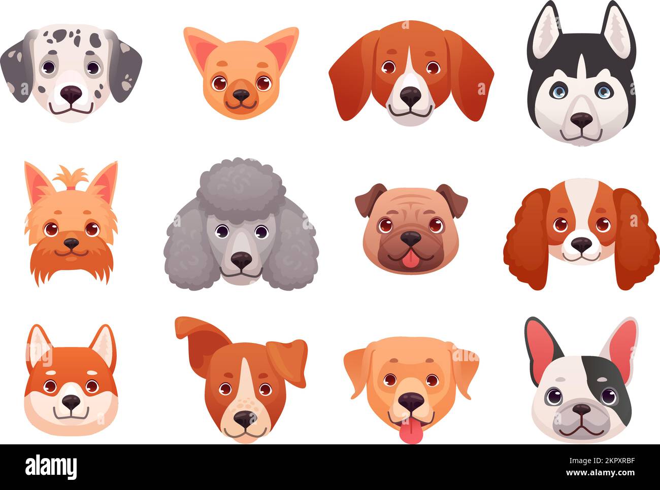Der Hund sieht Emoticons gegenüber. Züchten Sie Hunde Welpenköpfe, zeichnen Sie fröhliche Haustiere Charakter niedliches Gesicht Hundekopf züchtet Husky Beagle labrador yorkshire Pudelset Cartoon geniale Vektordarstellung des Charakterhundes Stock Vektor