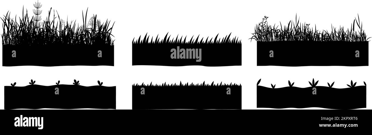 Schwarze Silhouetten, Graswiesen. Naturkollektion, Dekorations-Set mit Vektorsilhouette im Landschaftsstil. Sommerwalddesign im Frühling Stock Vektor